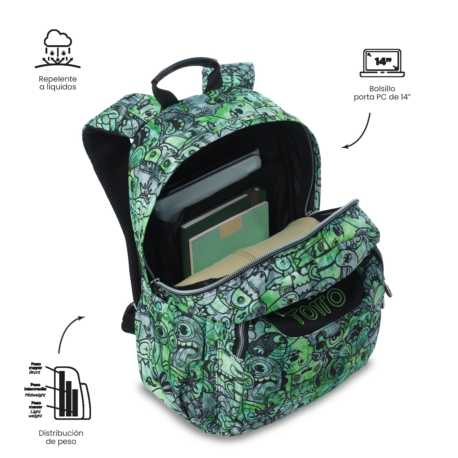 Mochila Escolar Totto Acuareles Verde-6