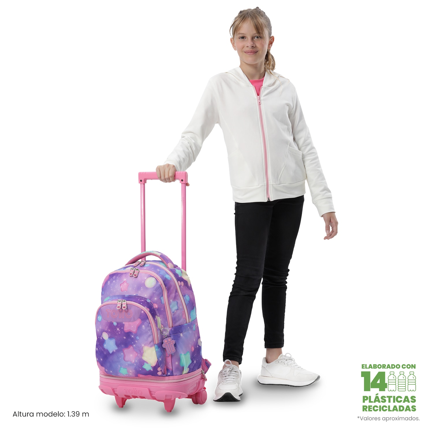 Mochila Escolar com Rodas Totto Tiza Rosa-3