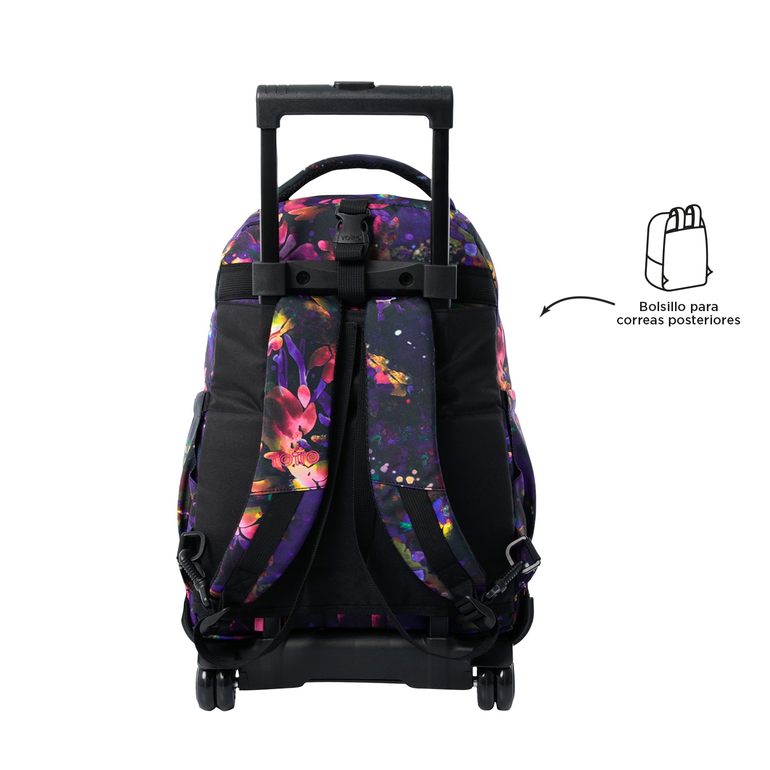 Mochila Escolar com Rodas Totto Tiza Desmontável Flower Galaxy para Portátil de 15.4” e Capacidade de 26l Preto / Rosa-4