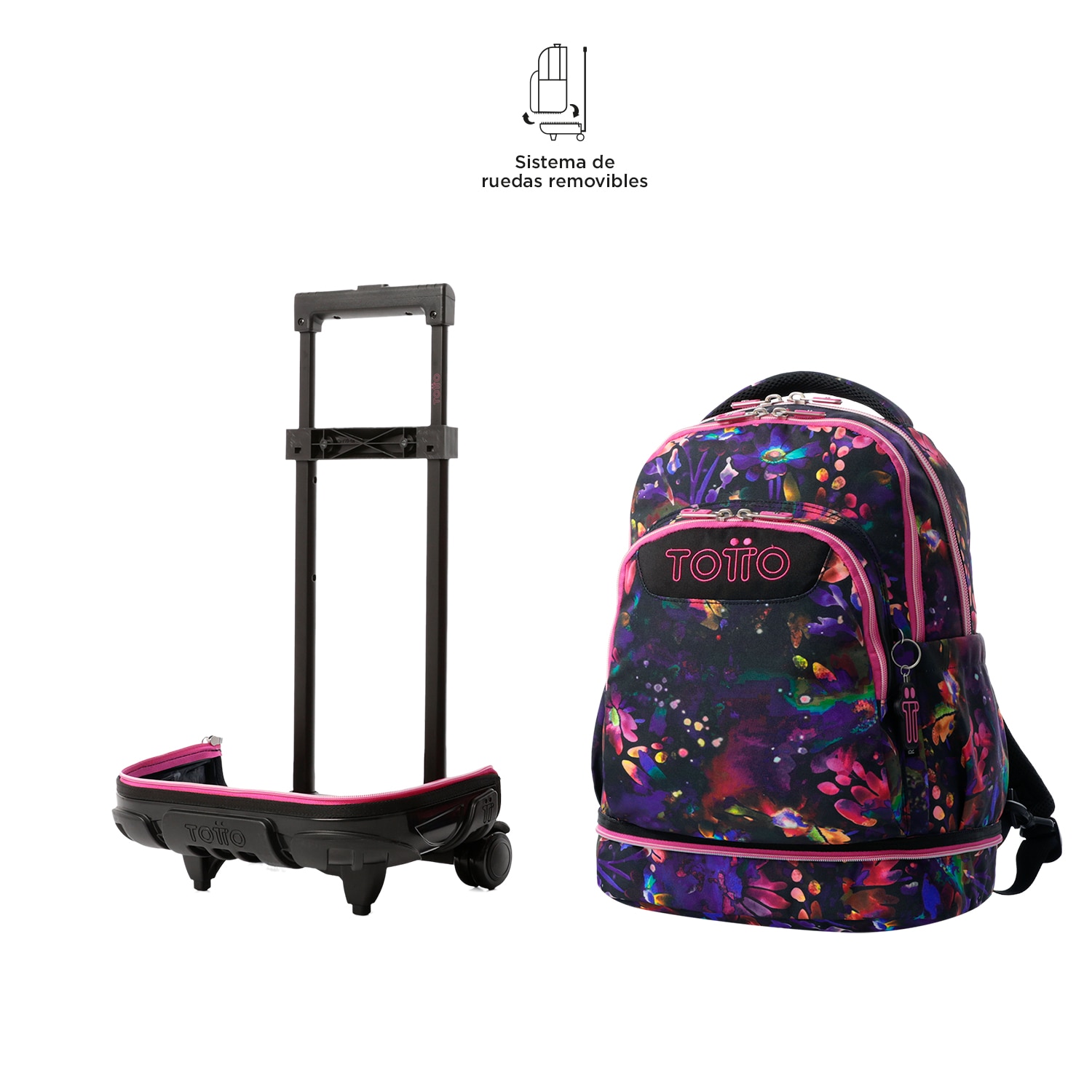 Mochila Escolar com Rodas Totto Tiza Desmontável Flower Galaxy para Portátil de 15.4” e Capacidade de 26l Preto / Rosa-6