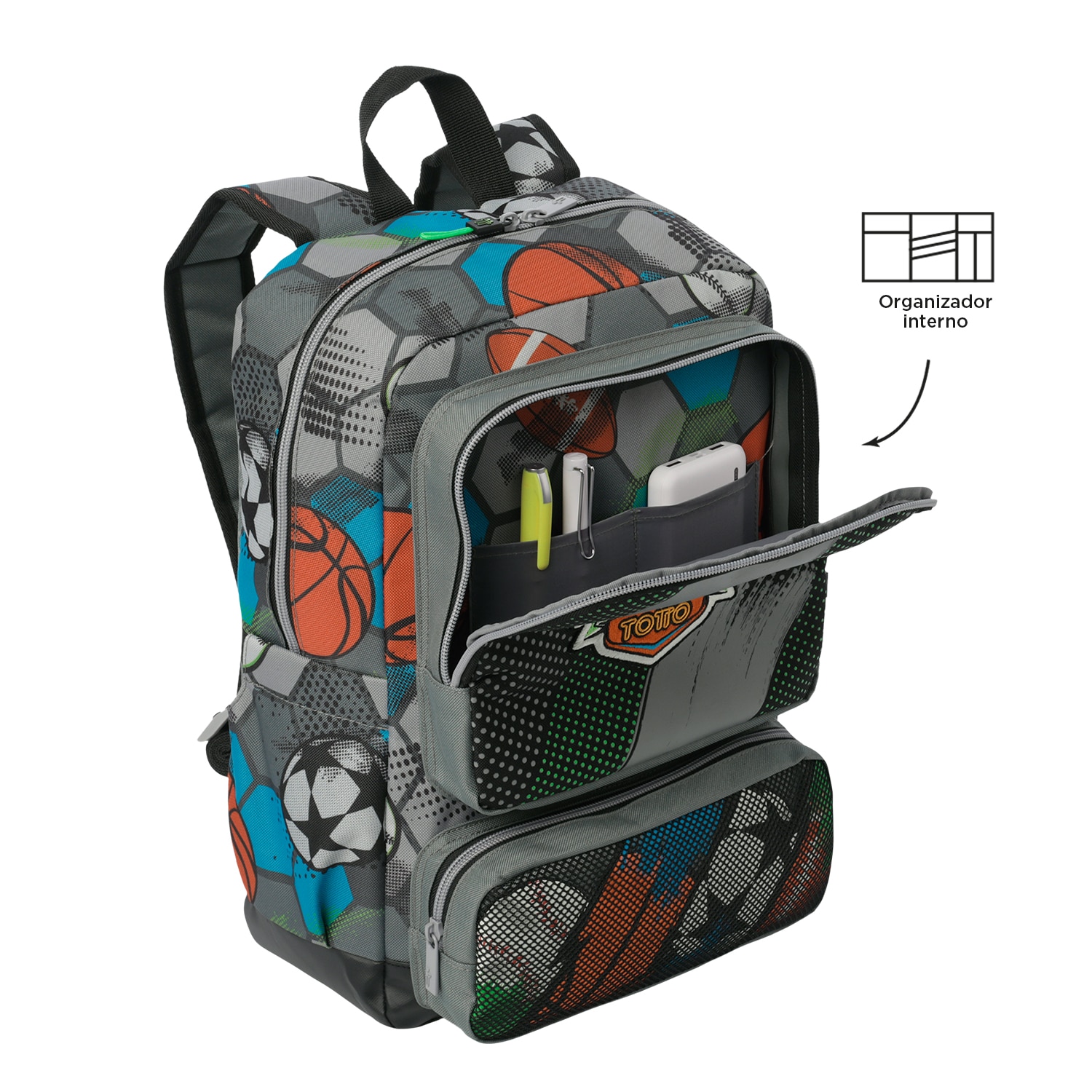 Mochila Infantil Totto Multisport com Bolsos Laterais e Bolso Frontal Cinzento-6