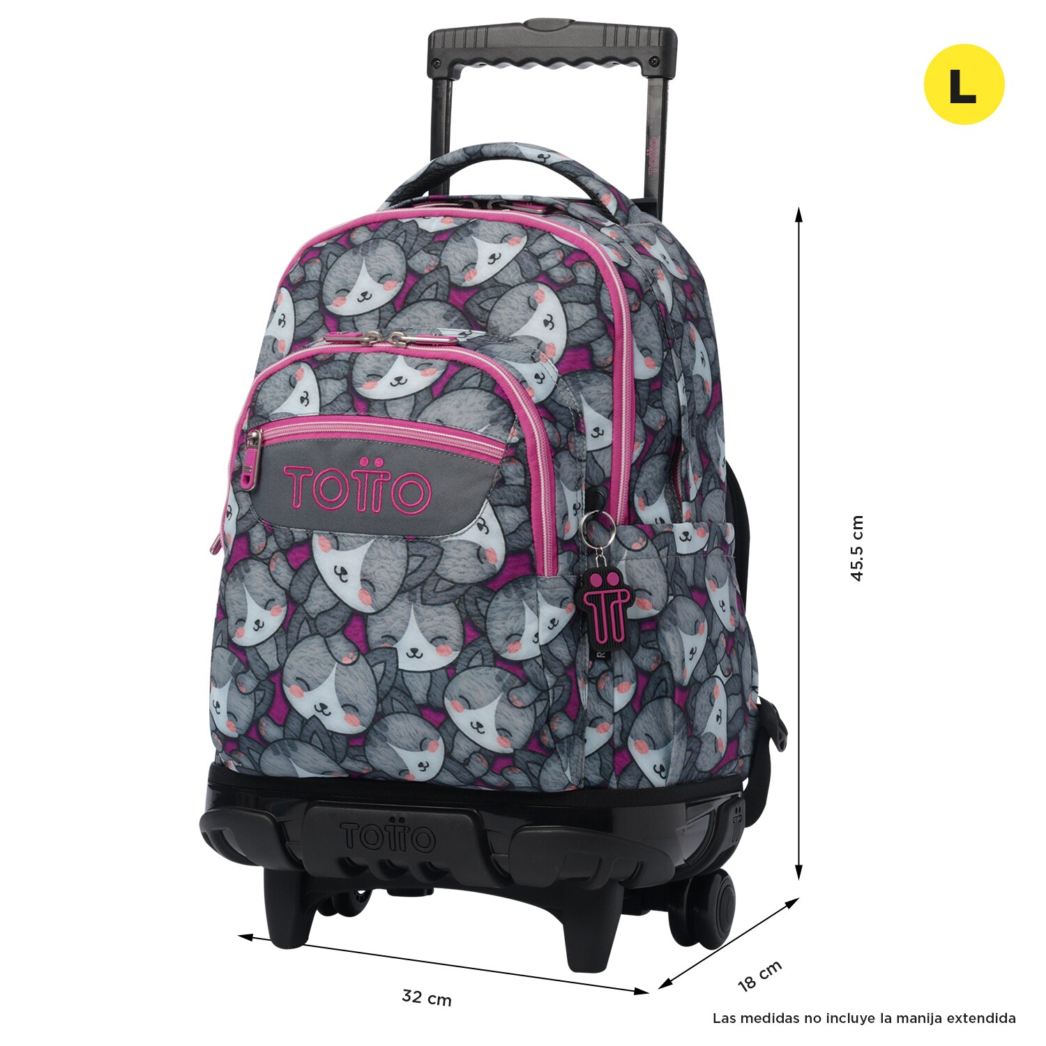 Mochila Escolar Rodas Totto Renglones Kitten Rose para Portátil de 15.4” e Capacidade de 26l Cinzento / Rosa-3