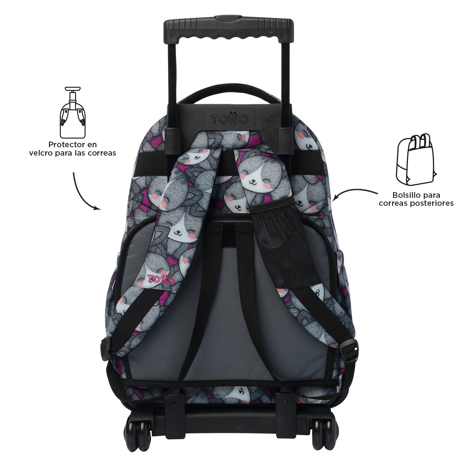 Mochila Escolar Rodas Totto Renglones Kitten Rose para Portátil de 15.4” e Capacidade de 26l Cinzento / Rosa-4