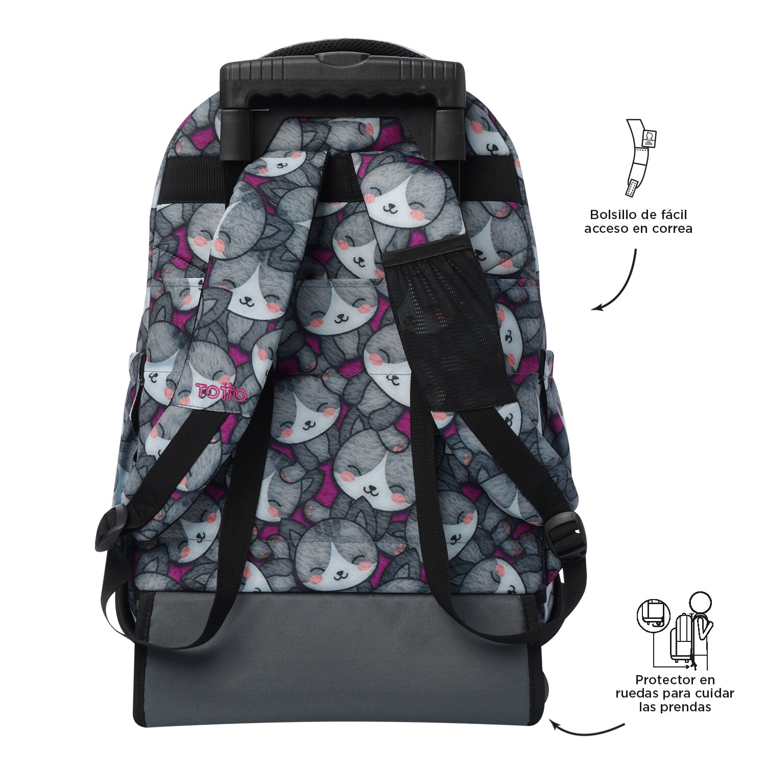 Mochila Escolar Rodas Totto Renglones Kitten Rose para Portátil de 15.4” e Capacidade de 26l Cinzento / Rosa-5