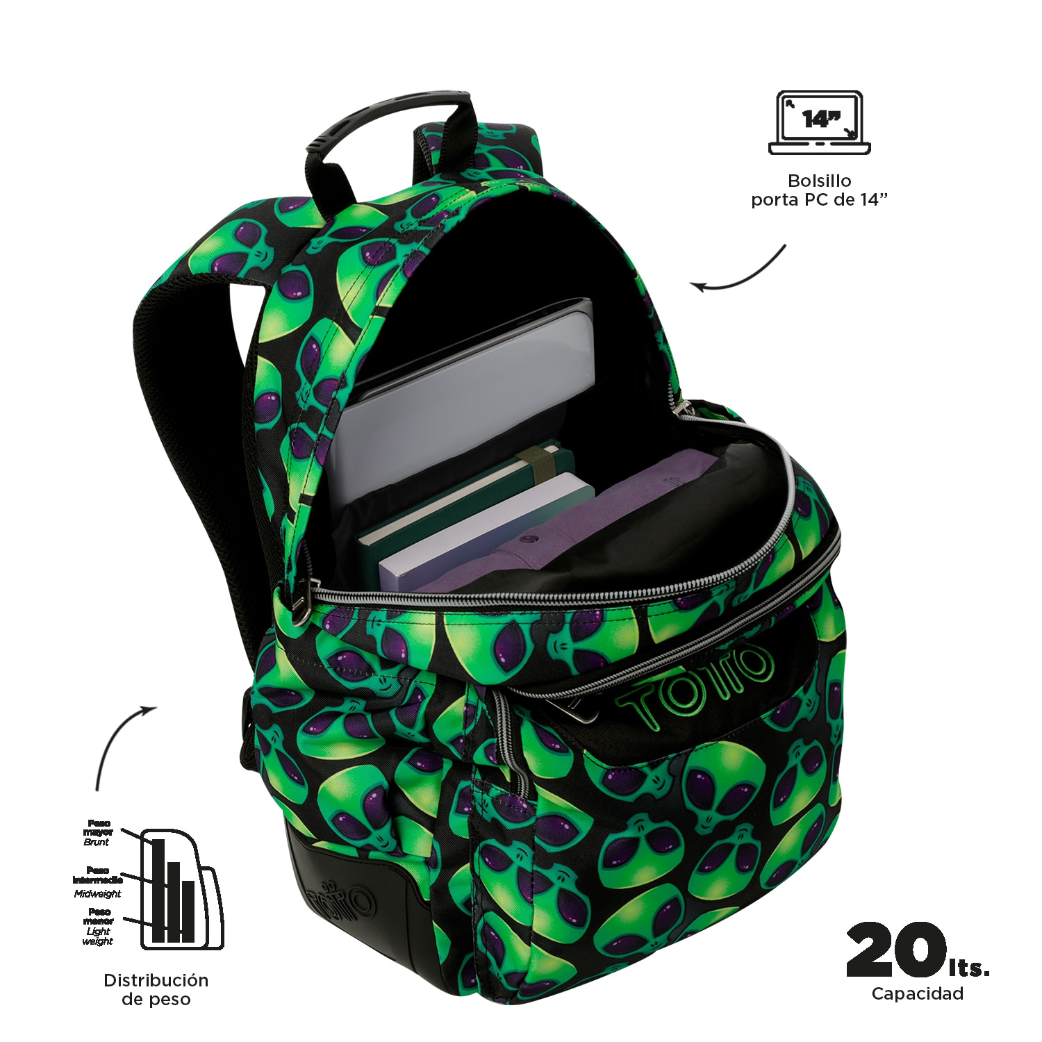 Mochila Escolar Totto Rayol K-pop para Portátil de 14” e Capacidade 19l Preto / Verde-4