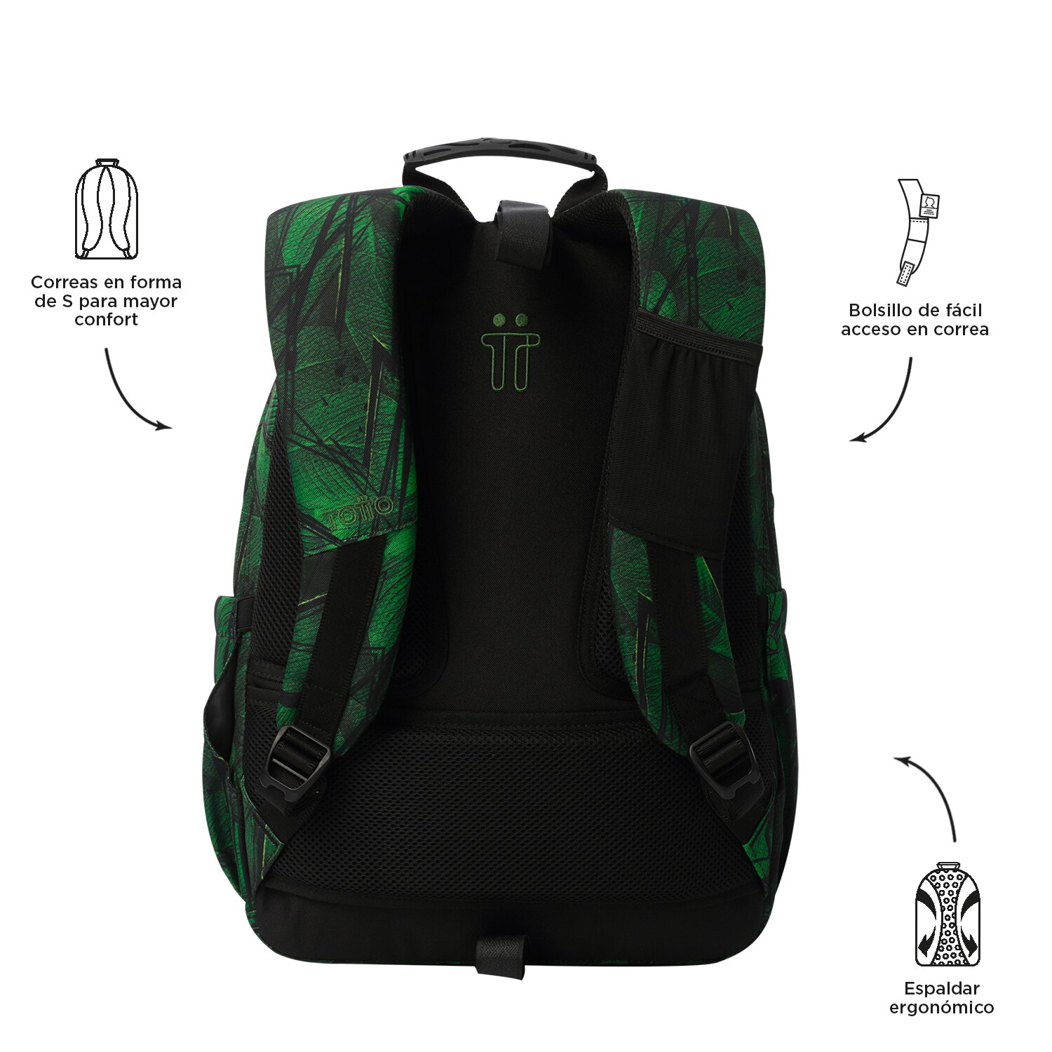 Mochila Escolar Totto Acuareles Jhony Jungle para Portátil de 14” e Adaptável a Carro Verde-escuro-3