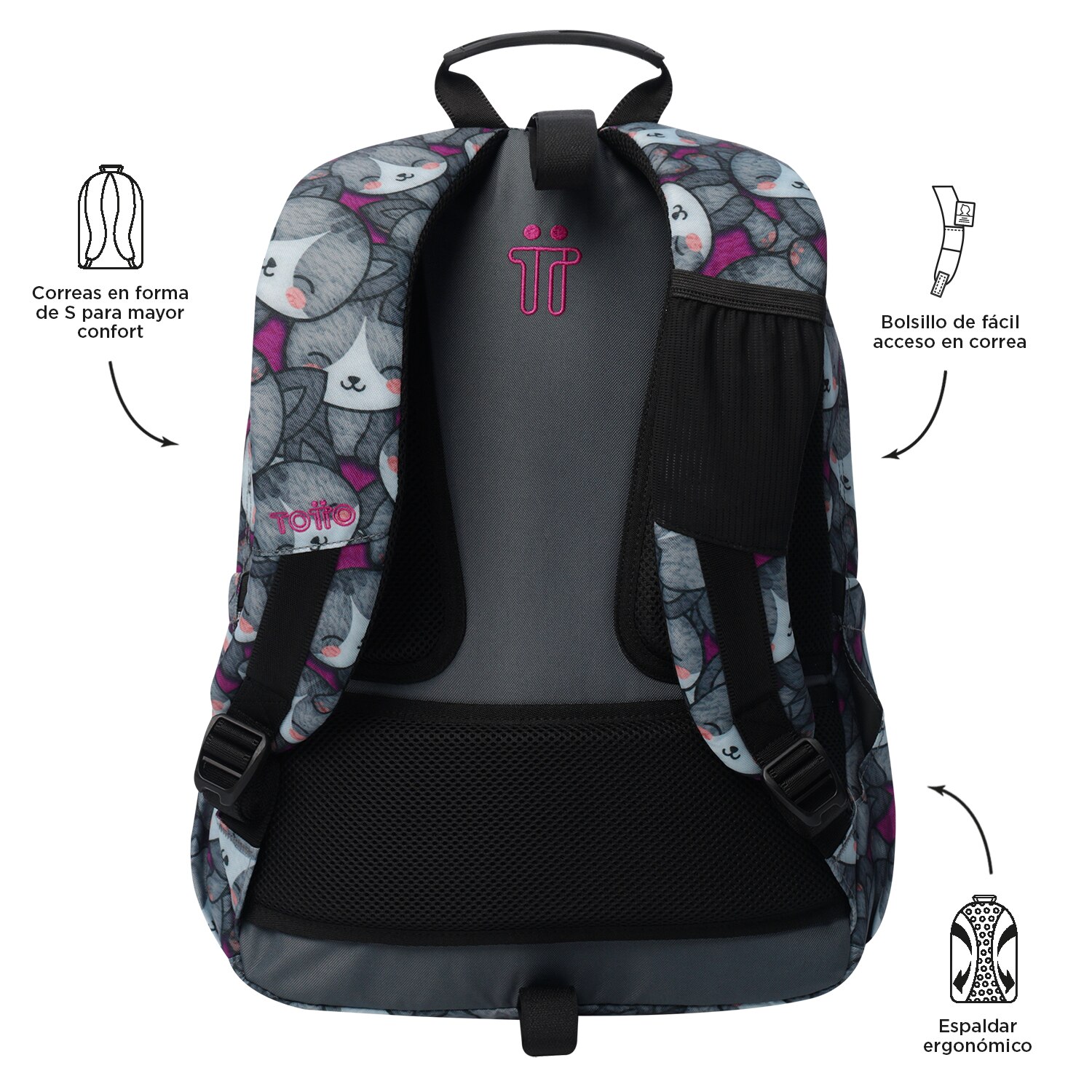 Mochila Escolar Totto Acuareles Kitten Rose para Portátil de 14” e Adaptável a Carro Cinzento-3