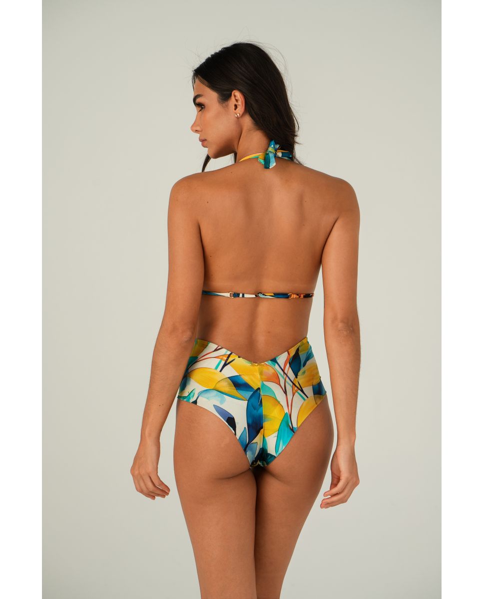 Fato de Banho com Decote Redondo Estampado com Forro Azul / Amarelo-2