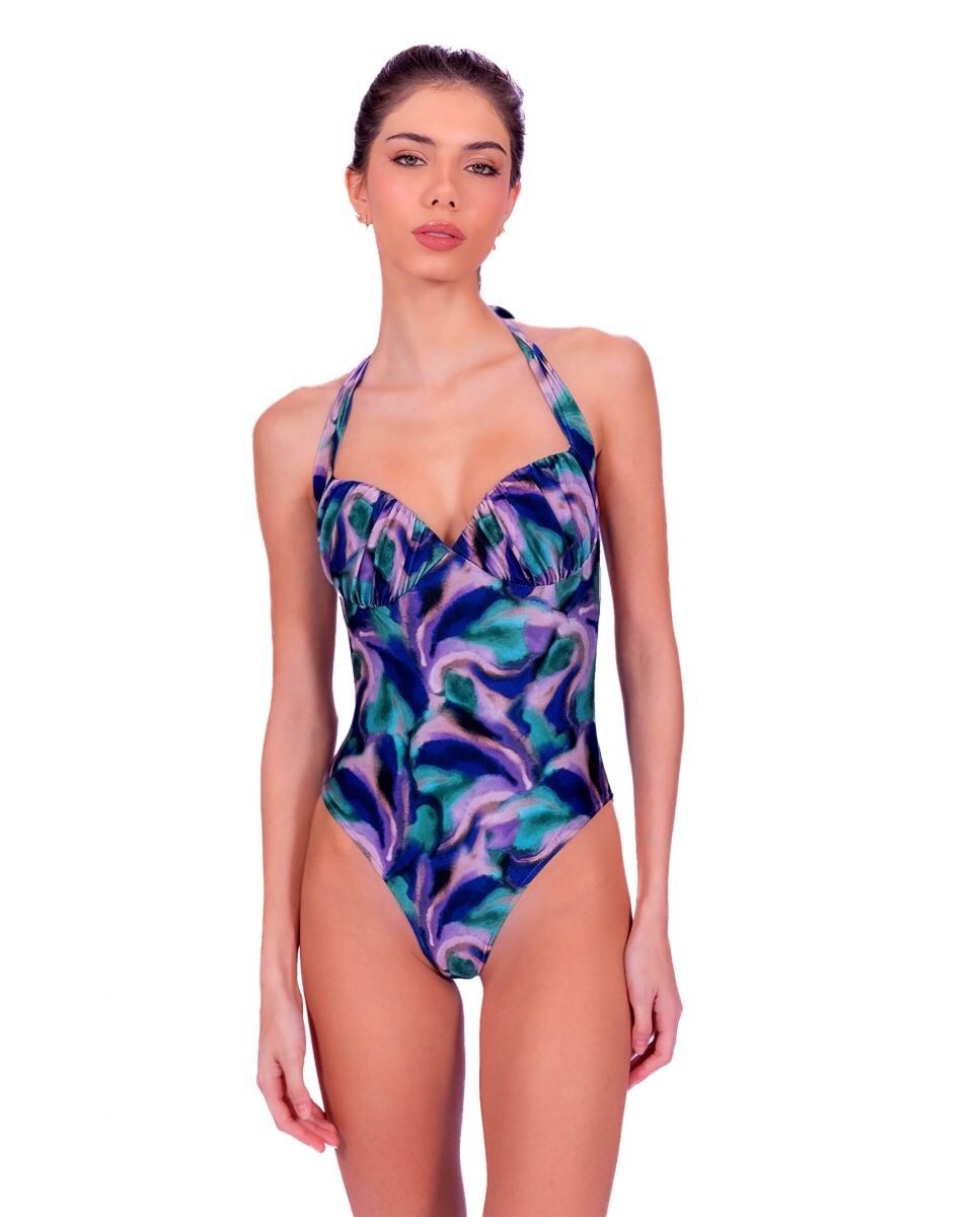 Fato de Banho com Decote Halter Estampado com Enchimento Multicolor-1