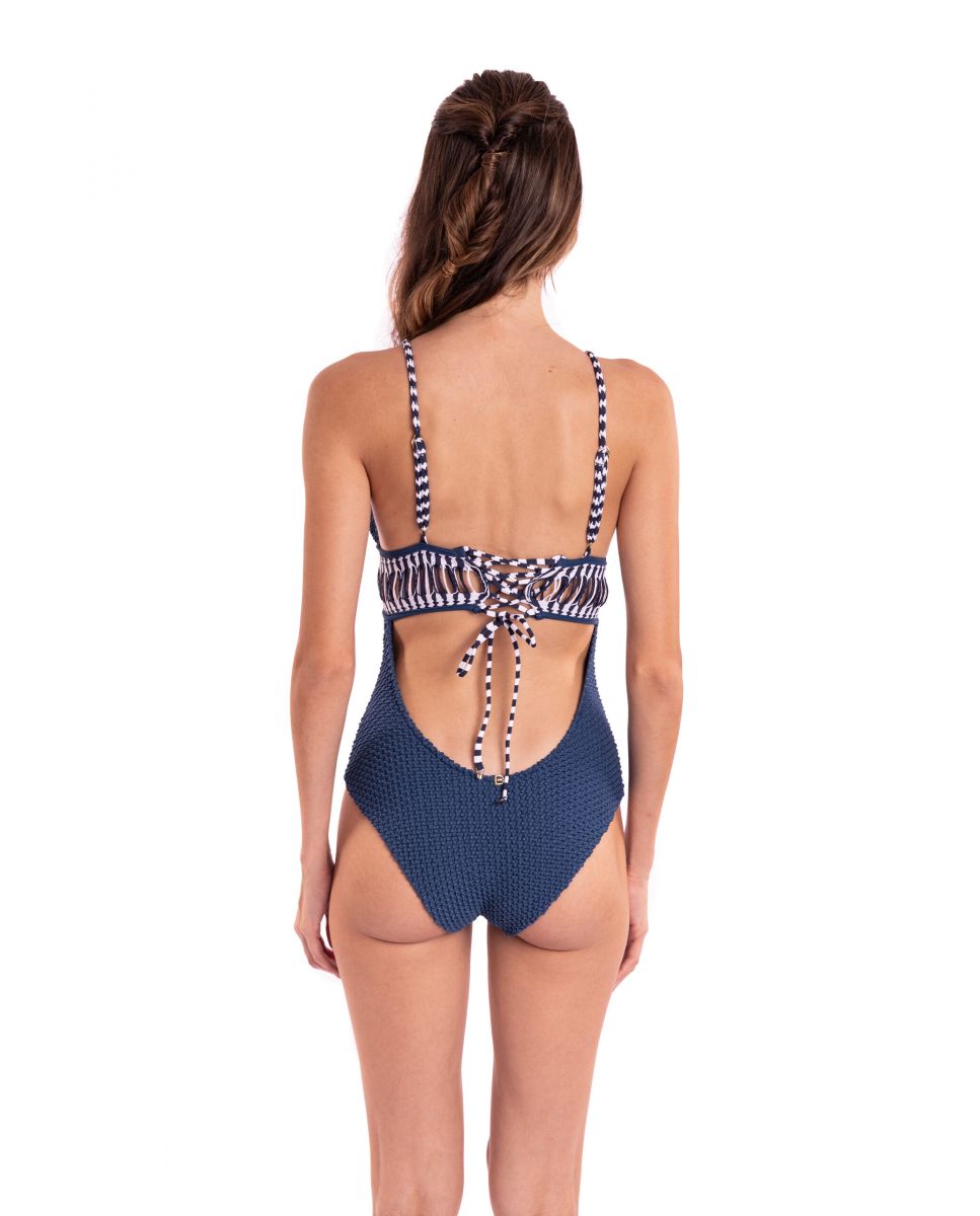 Fato de Banho Gola Halter Estampado com Forro Azul / Branco-2