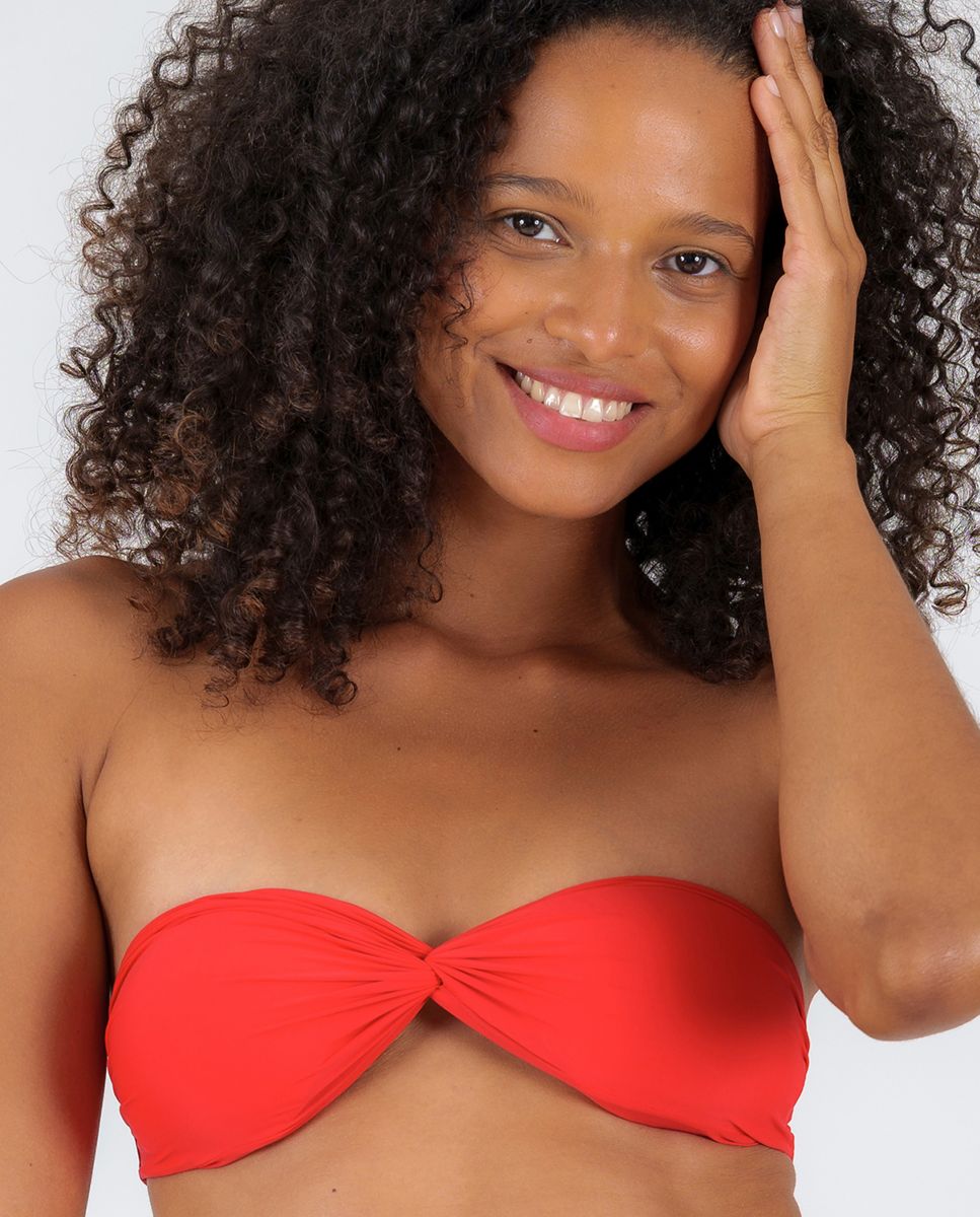 Top de Biquíni Bandeau Liso com Forro Vermelho-1