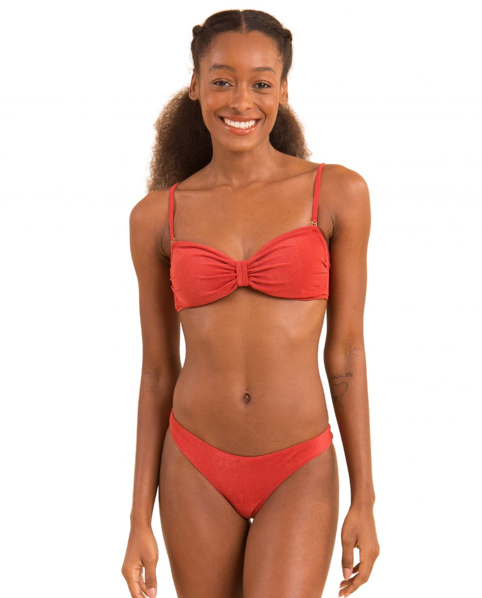 Top de Biquíni Bandeau Liso com Forro Vermelho-2