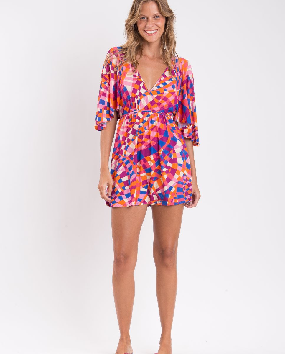 Vestido de Praia Curto com Estampado Geométrico Rosa / azul marinho-2