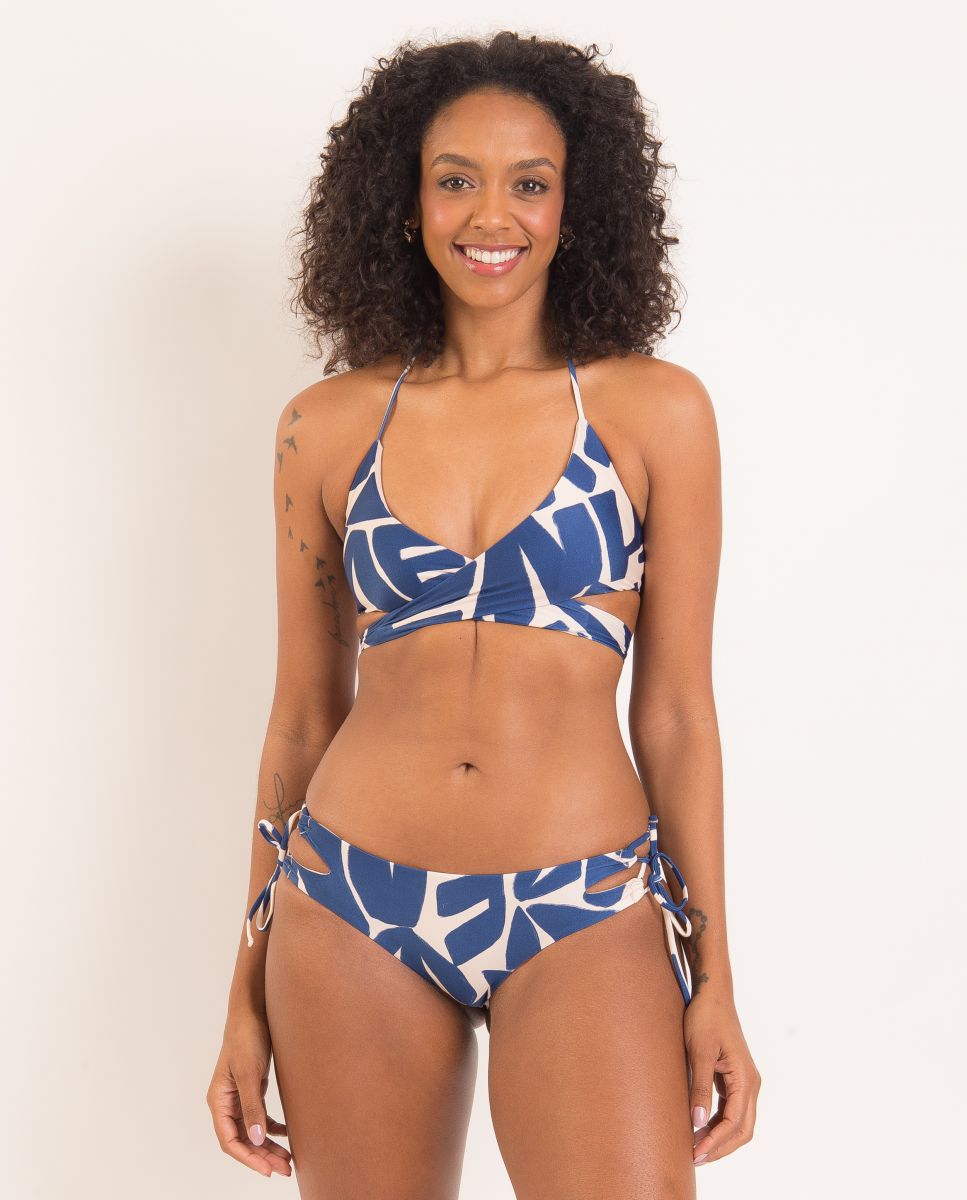 Cueca de Biquíni com Laço Estampada Azul / Branco-2