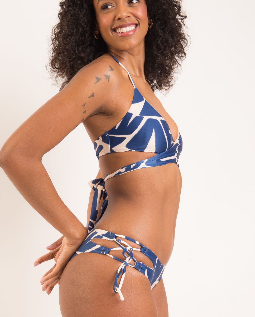 Cueca de Biquíni com Laço Estampada Azul / Branco-4