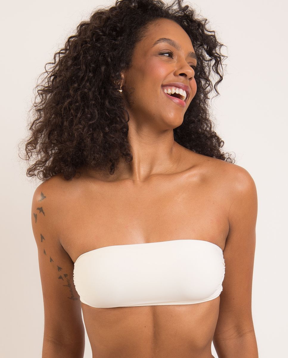 Top de Biquíni Bandeau Liso com Forro Branco-marfim-1