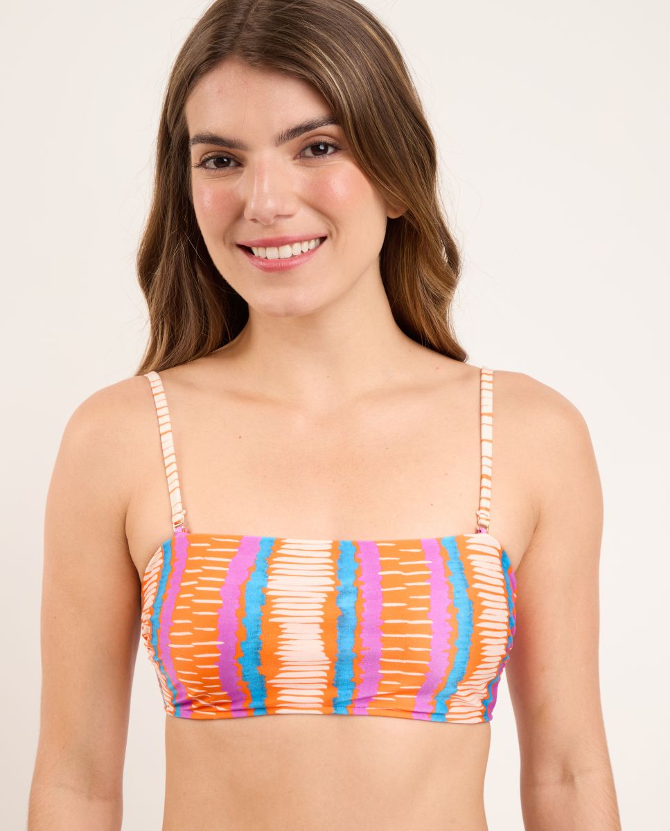 Top de Biquíni Bandeau Estampado com Forro Laranja-1