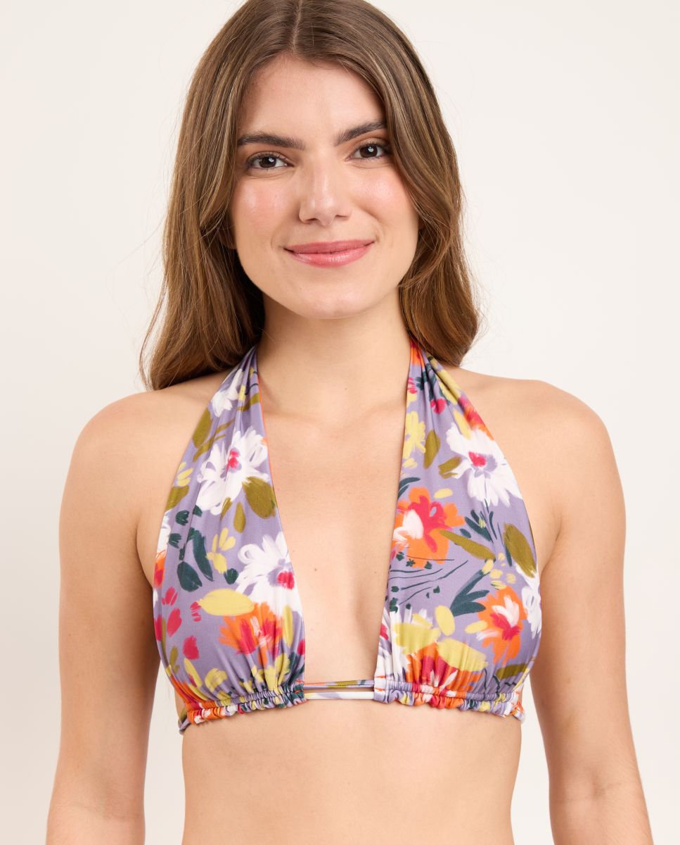 Top de Biquíni Gola Halter Estampado Roxo-1