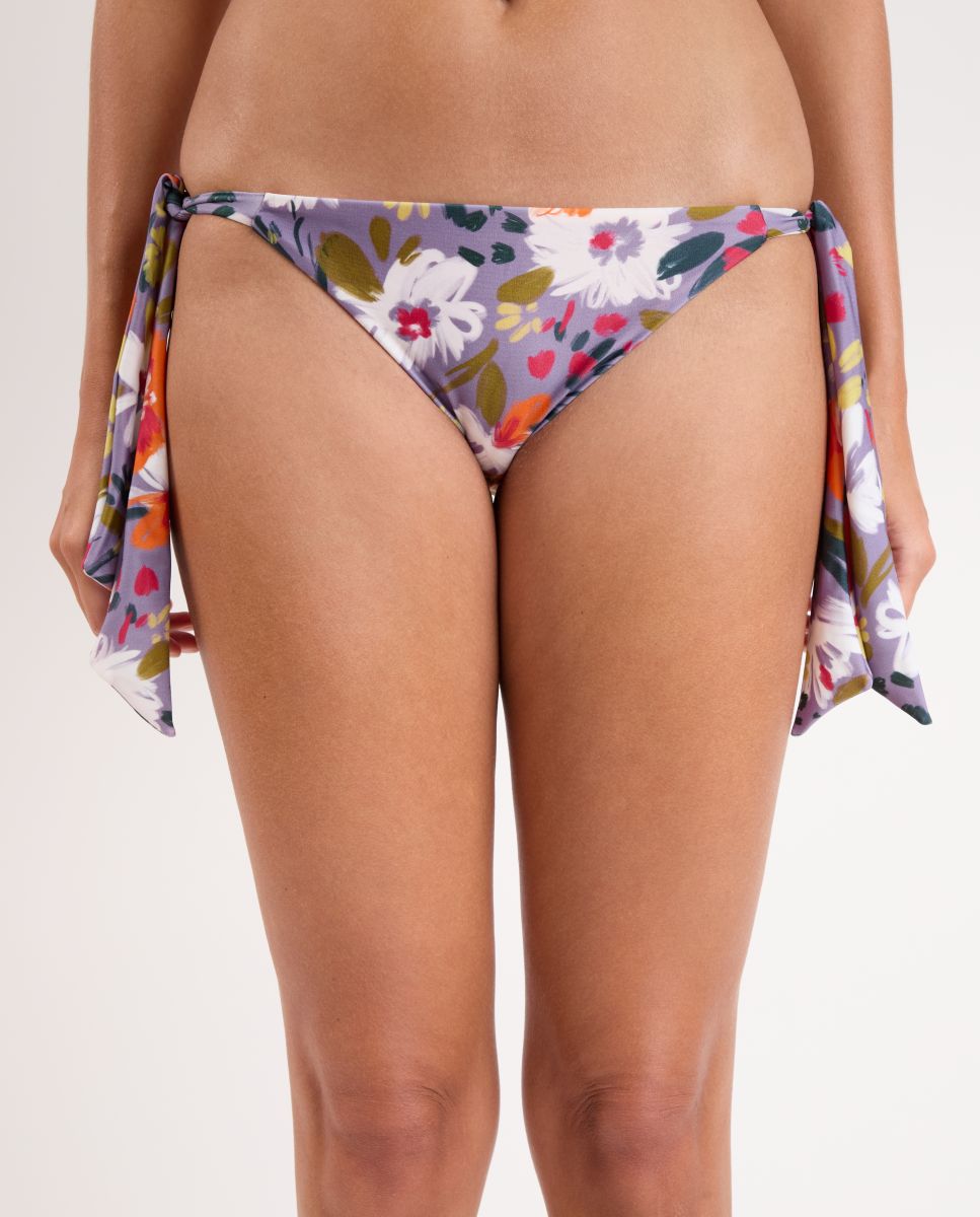 Cueca de Biquíni com Laço Estampada Branco/Roxo-1