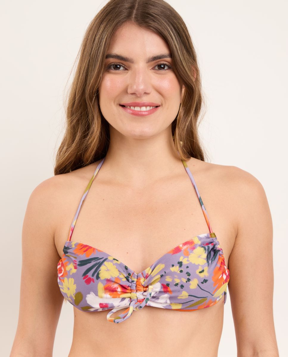 Top de Biquíni Bandeau Estampado com Forro Roxo-1