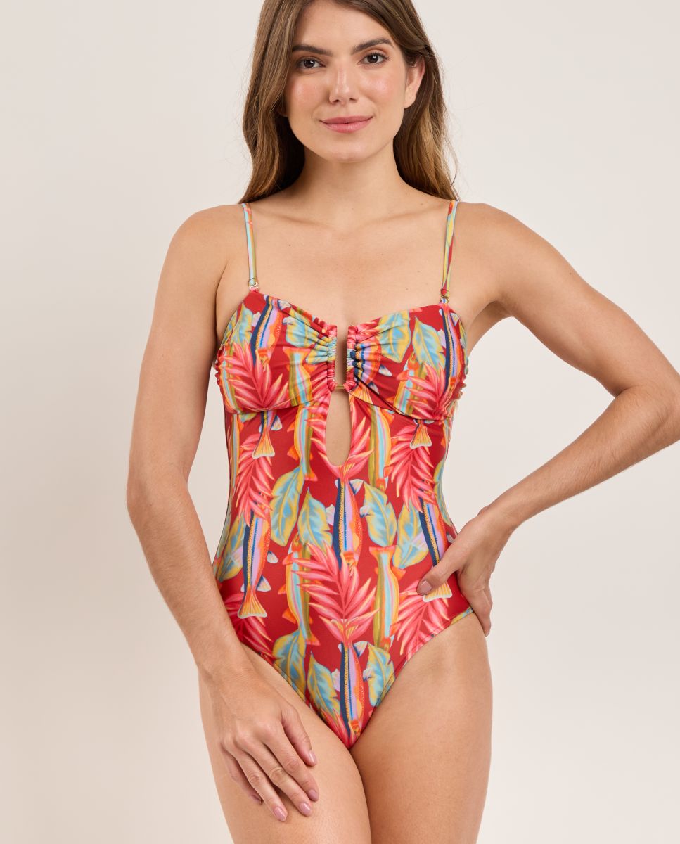 Fato de Banho Bandeau Estampado com Forro Vermelho-1