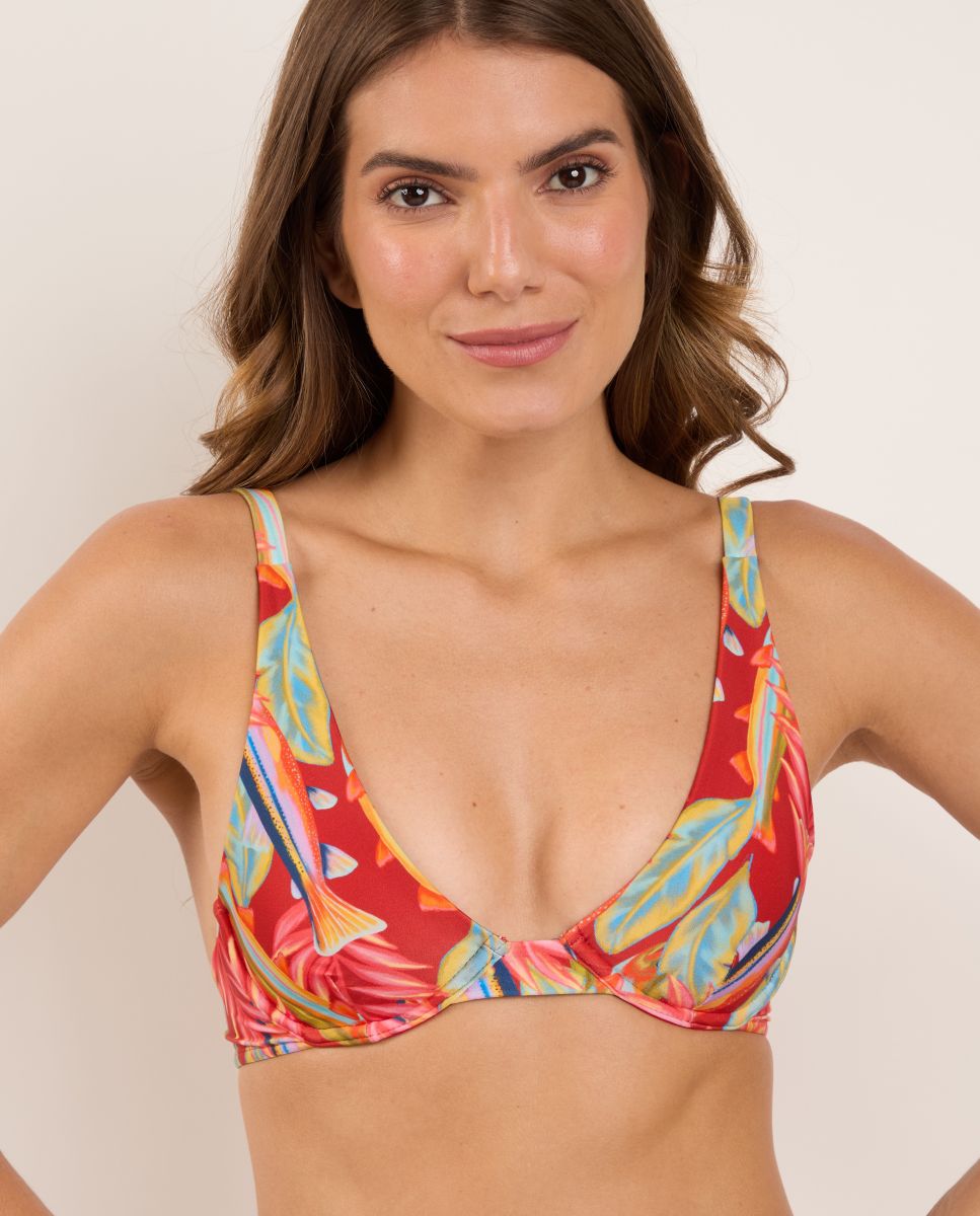 Top de Biquíni Triângulo Estampado com Forro Vermelho / Verde-1