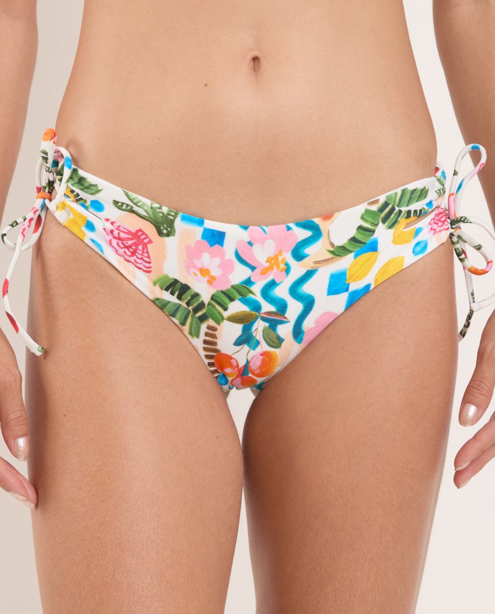 Cueca de Biquíni com Laço Estampada Branco-1