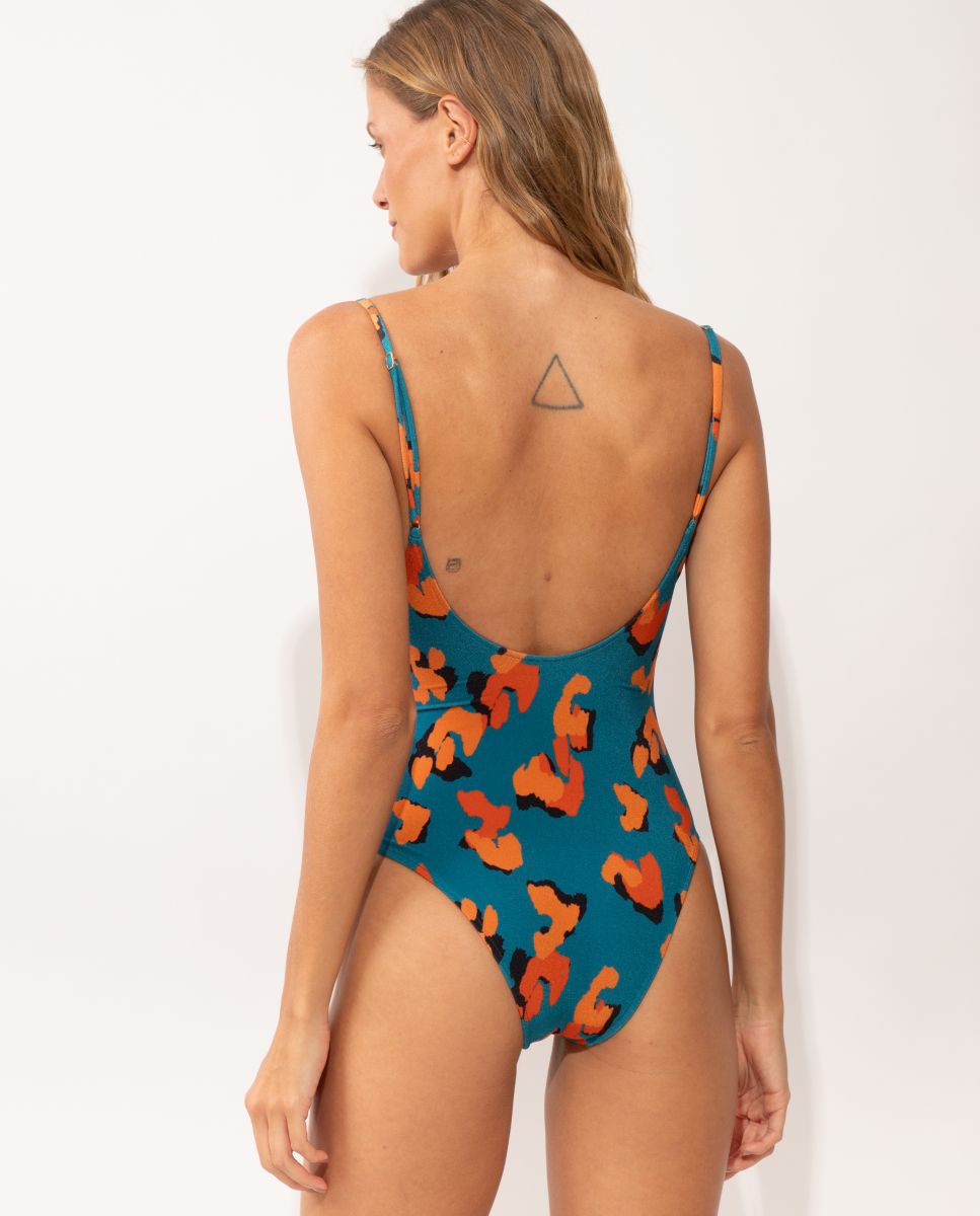 Fato de Banho Brasileiro Estampado com Forro Azul-marinho / Laranja-2