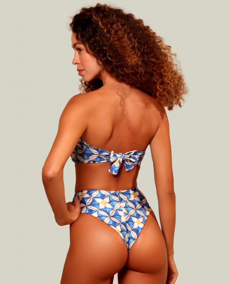 Top de Biquíni Bandeau Estampado com Forro Azul / Branco-3