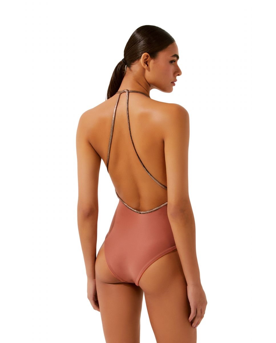 Fato de Banho em V Liso com Forro Castanho-claro-3