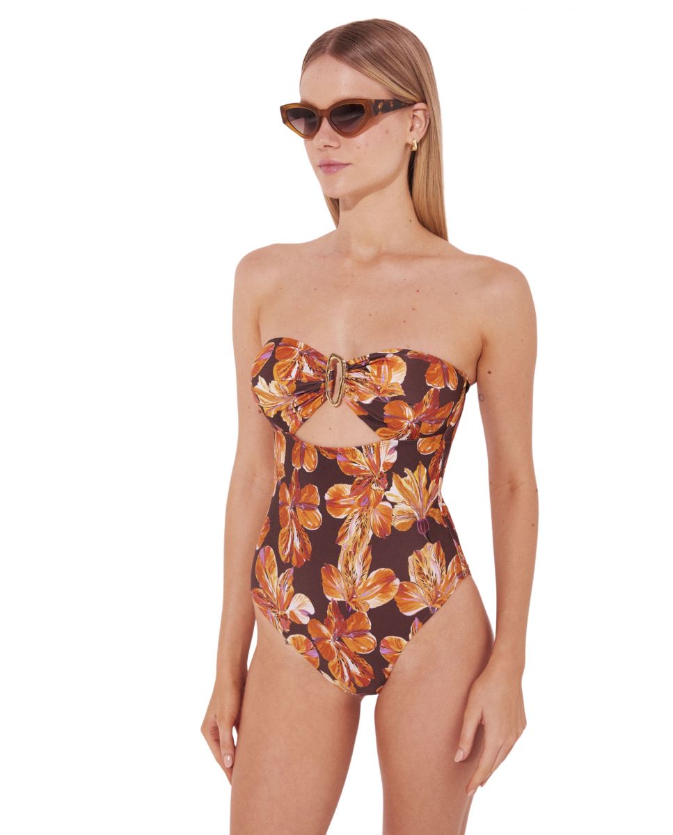 Fato de Banho Bandeau Estampado com Forro Laranja-2