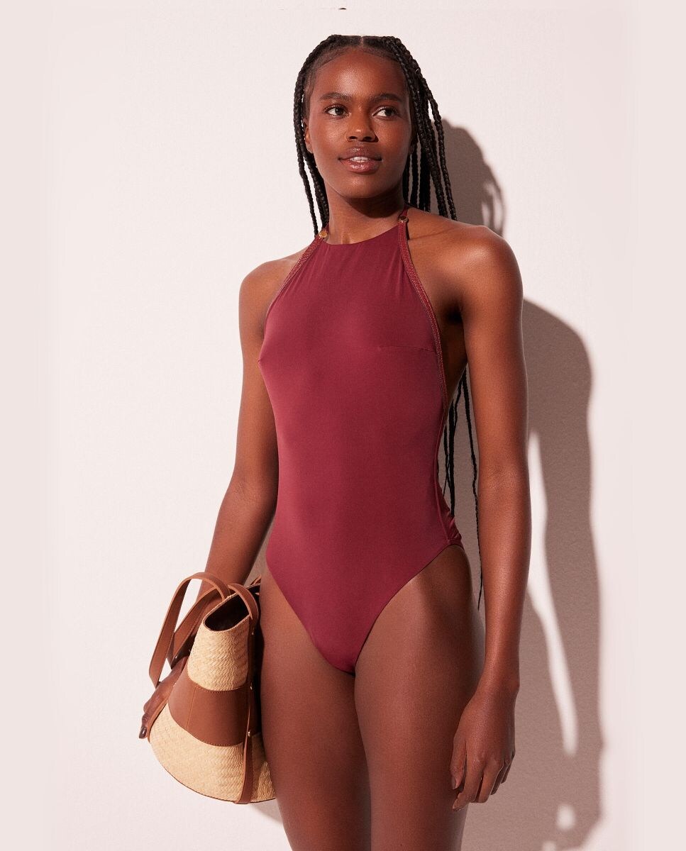 Fato de Banho Brasileiro Liso com Forro Vermelho-1