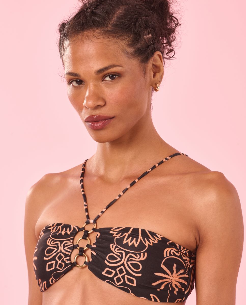 Top de Biquíni Bandeau Estampado com Forro Preto / Laranja-1