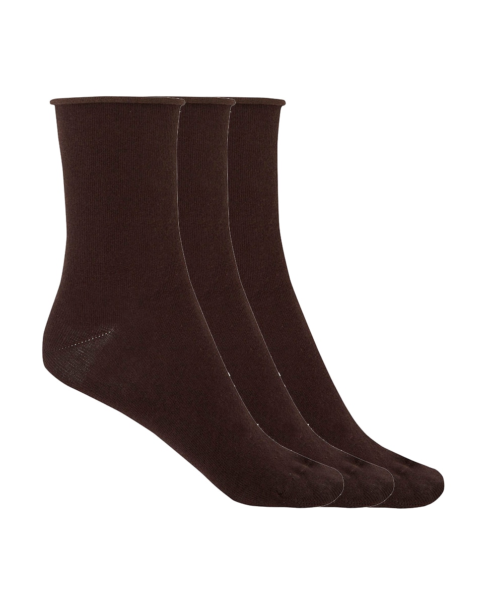 Pack de 3 Pares de Meias de Algodão Lisas com Punho Roulé Castanho-escuro-1