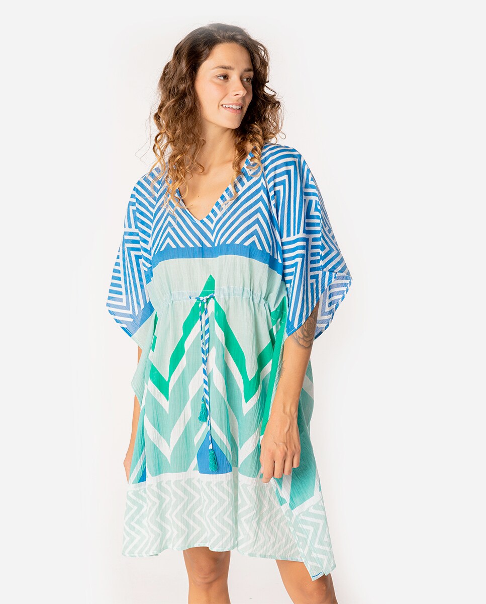 Kaftan Summer Song de Algodão com Estampado Geométrico em Turquesa Turquesa-1