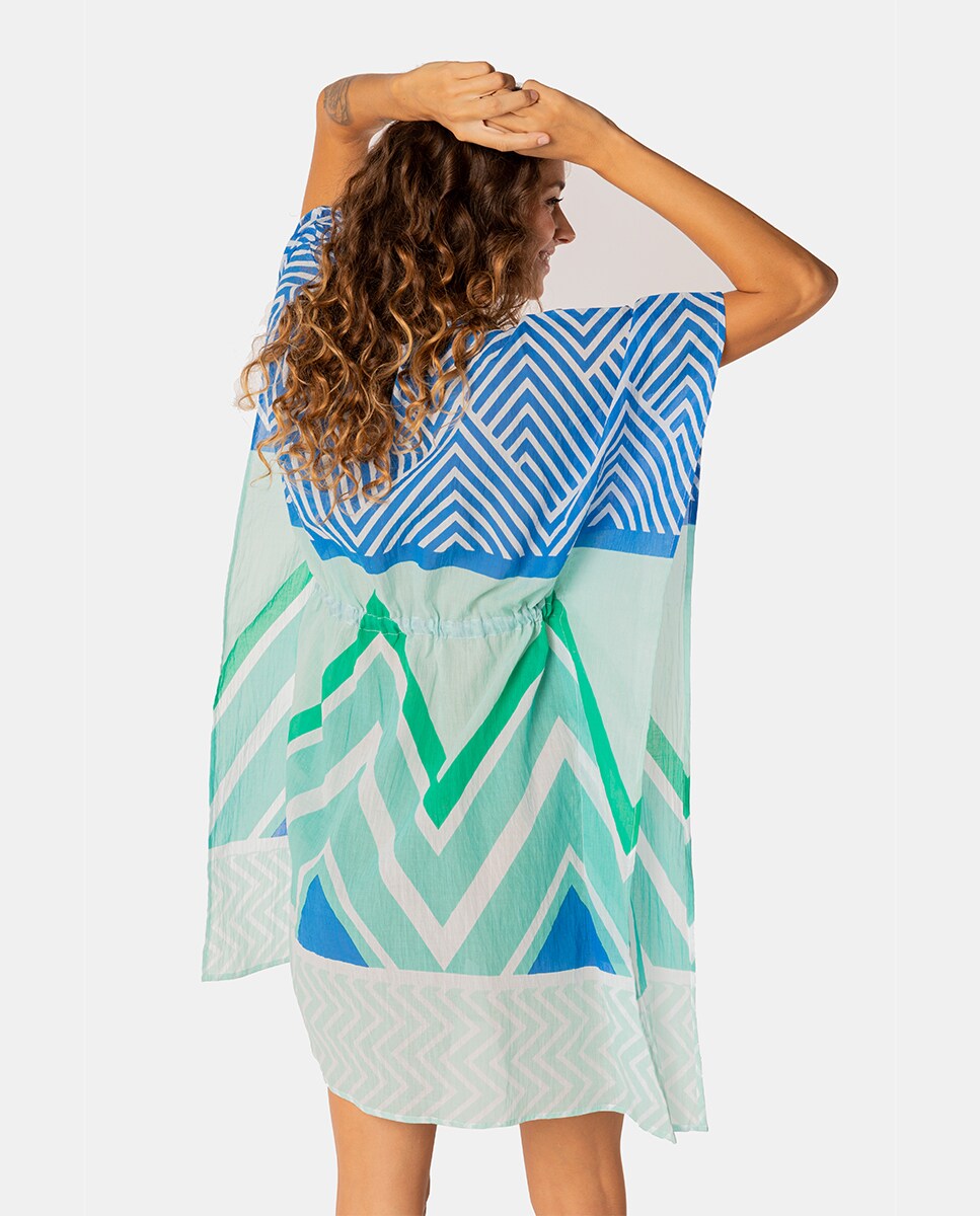 Kaftan Summer Song de Algodão com Estampado Geométrico em Turquesa Turquesa-2
