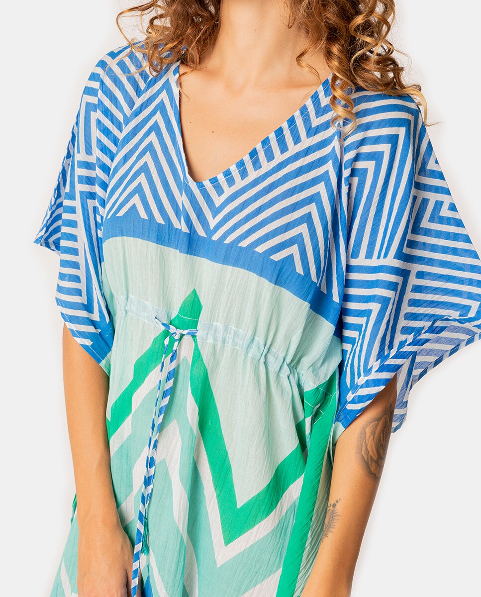 Kaftan Summer Song de Algodão com Estampado Geométrico em Turquesa Turquesa-3