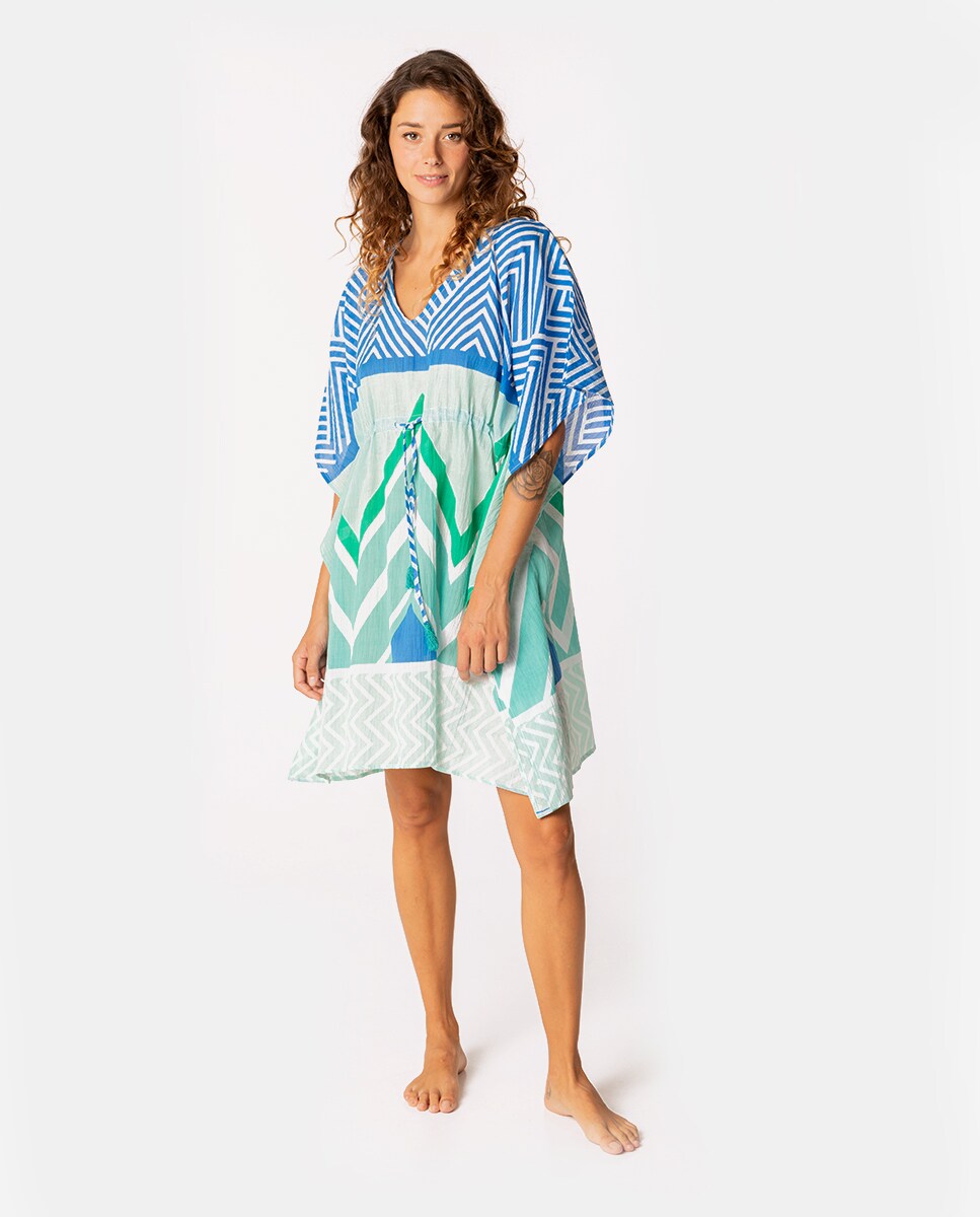 Kaftan Summer Song de Algodão com Estampado Geométrico em Turquesa Turquesa-4