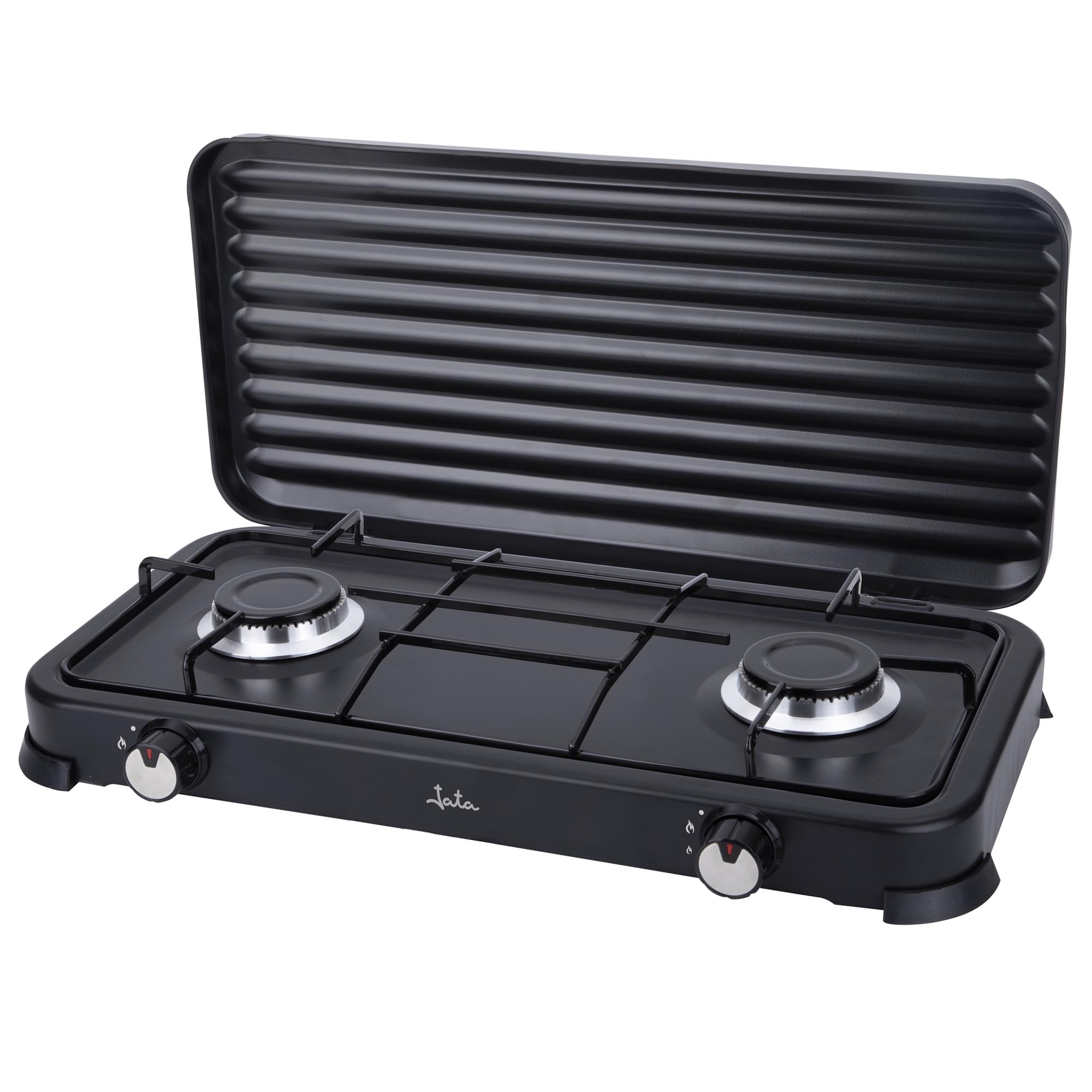 Fogão A Gás Portátil Jata JECG2702 de 2 Fogos com Grelha com Tampa Protectora Extraíble Preto-1
