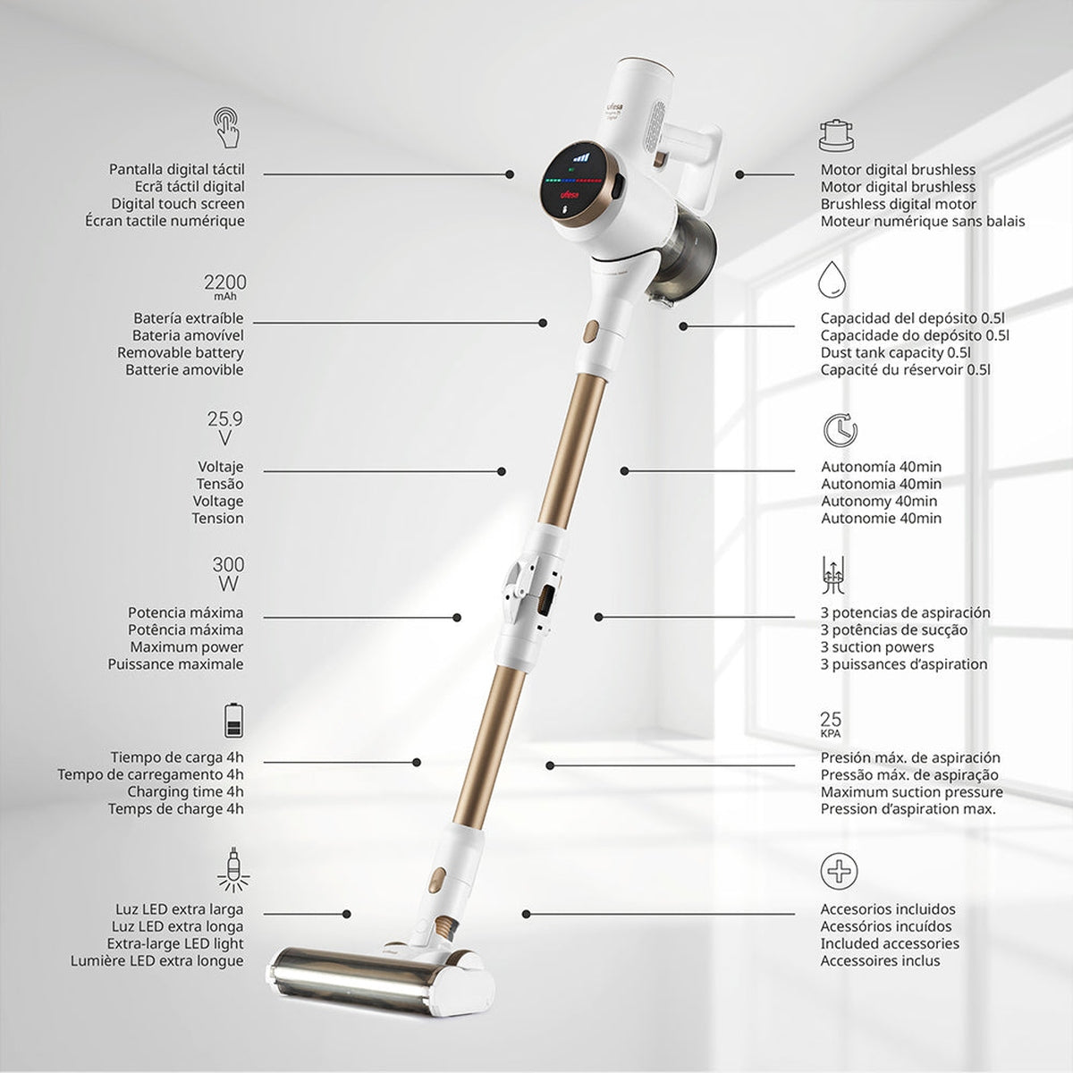 Aspirador Vertical Ufesa Inspire Z5 Digital 25.9V Branco / Dourado-4