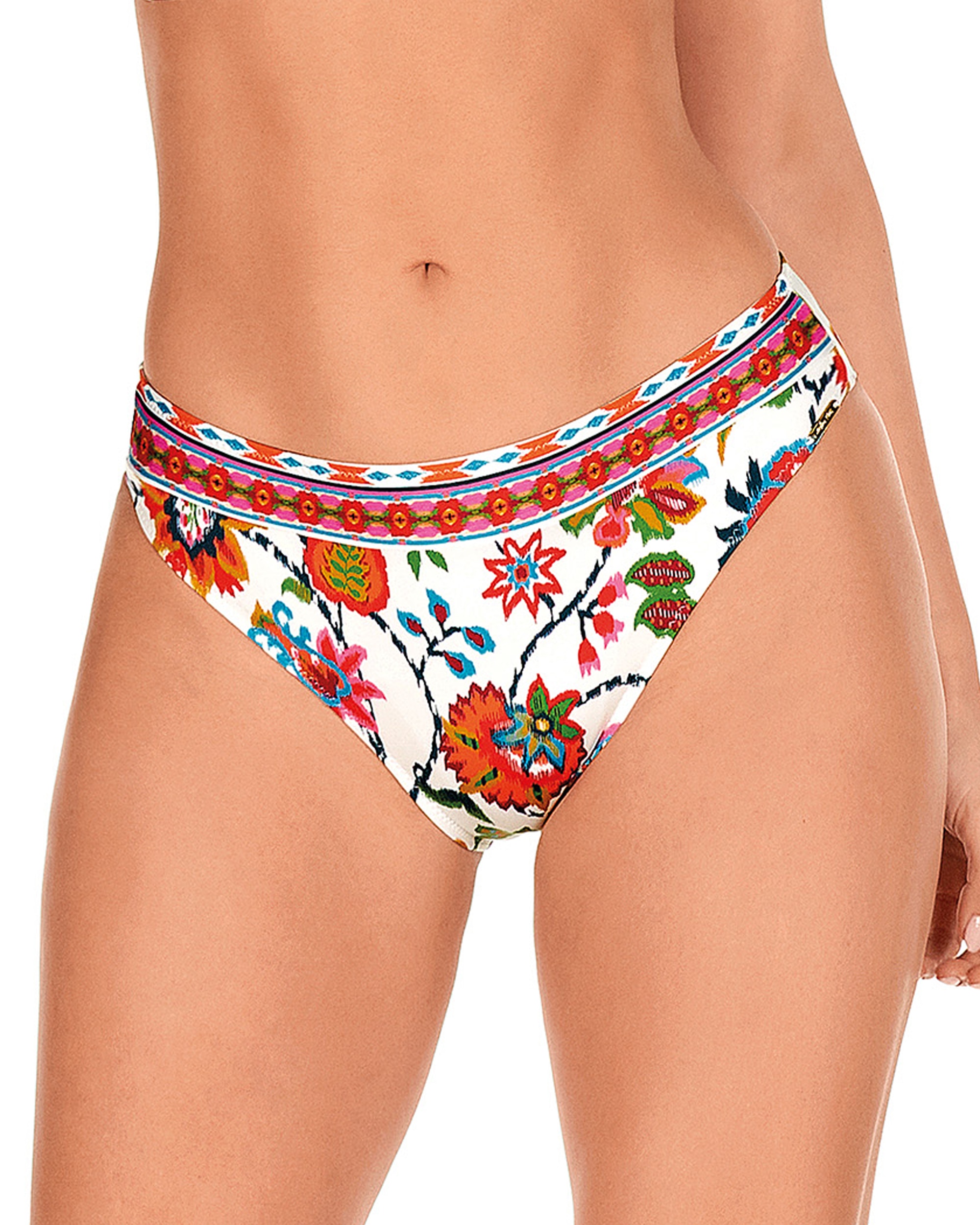 Cueca de Biquíni de Altura Média com Argola de Cores em Tecido Liso Multicolor-1