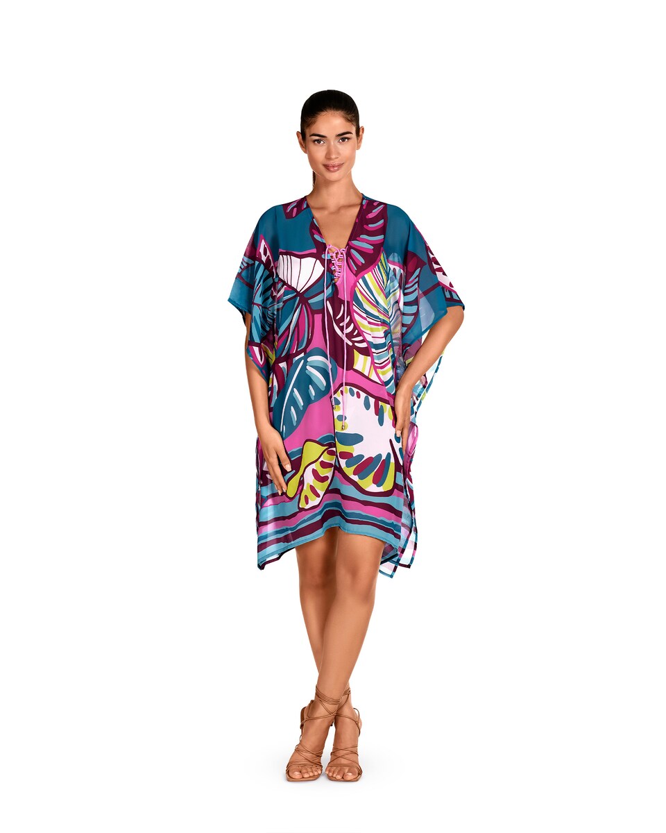 Kaftan de Praia Curto com Laço Ajustável no Decote e Estampado de Folhas Multicolor-1