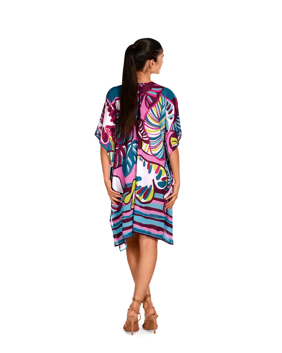 Kaftan de Praia Curto com Laço Ajustável no Decote e Estampado de Folhas Multicolor-2