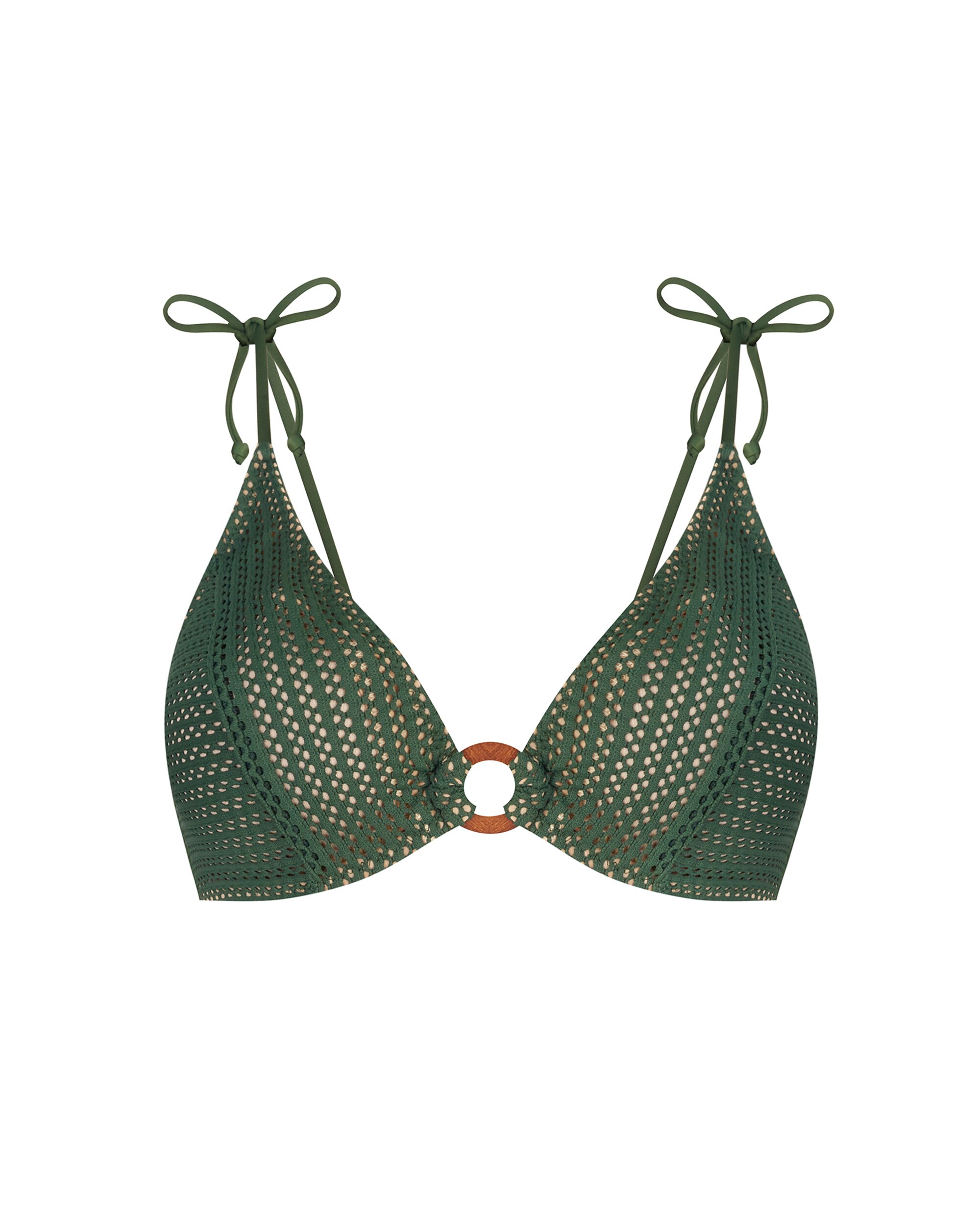 Top de Biquíni de Triângulo com Alças Atadas em Tecido Perfurado Verde-3