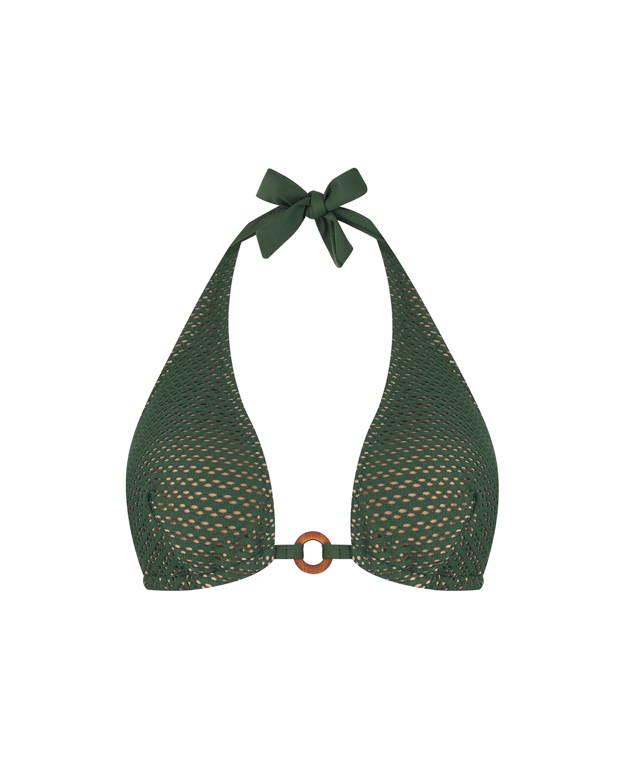 Top de Biquíni Triângulo Halter em Tecido Perfurado Verde-3