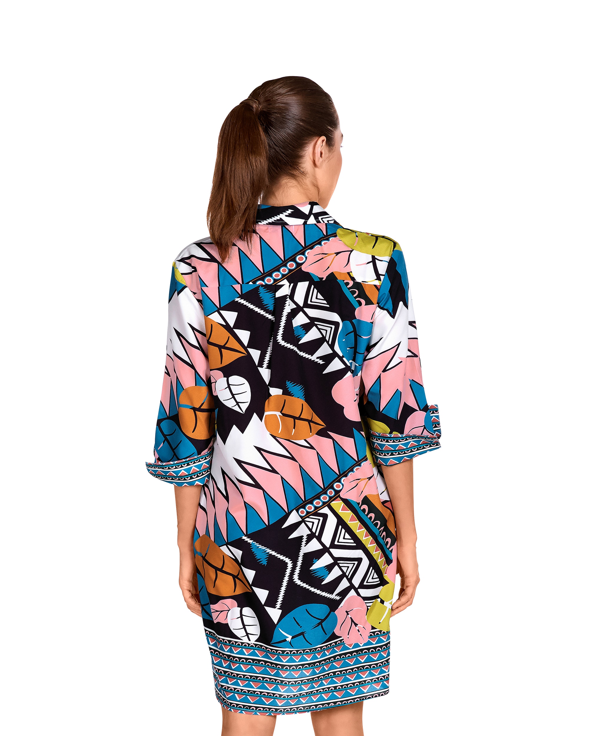 Vestido de Praia da Coleção Passarela Completamente Abotoado e Estampado Geométrico de Cores Vibrantes Multicolor-2