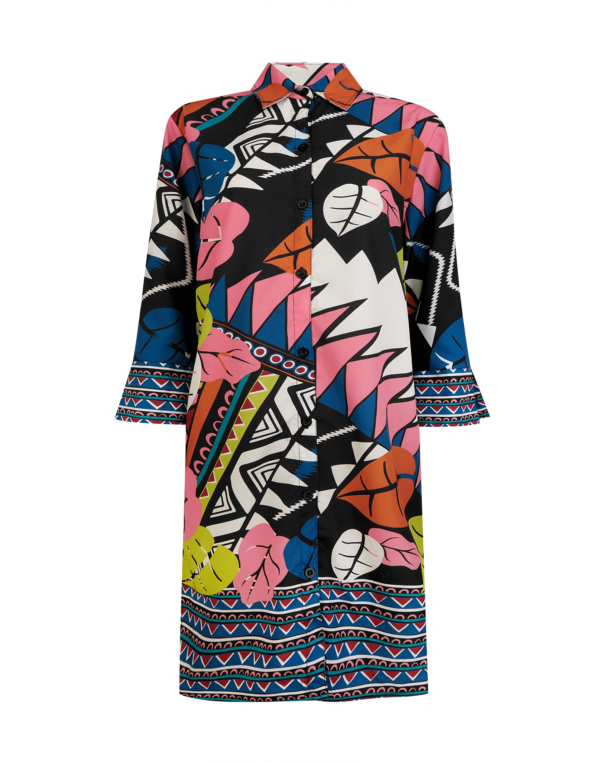 Vestido de Praia da Coleção Passarela Completamente Abotoado e Estampado Geométrico de Cores Vibrantes Multicolor-3