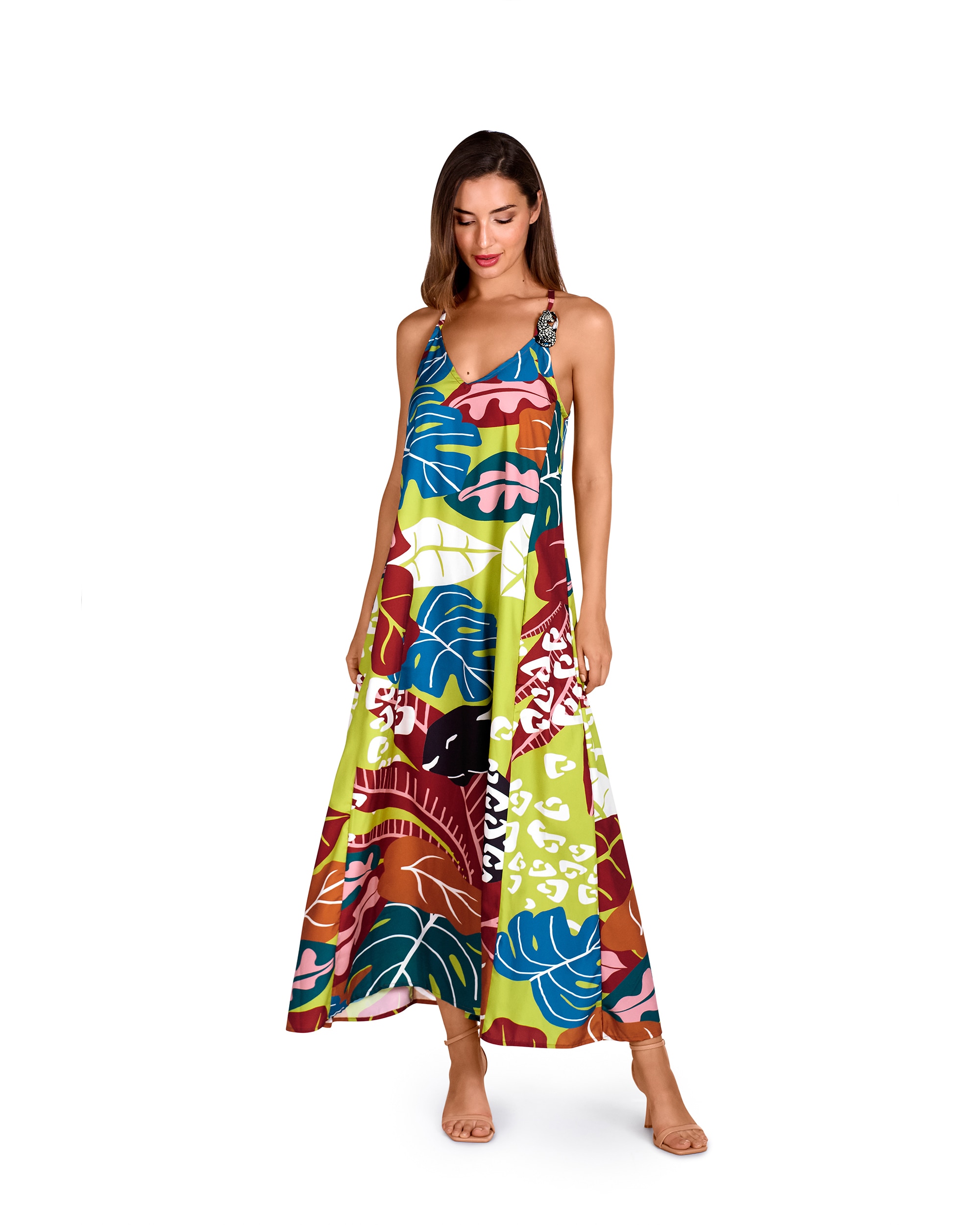 Vestido de Praia da Coleção Passarela de Alças Ajustáveis e Estampado Multicolor de Inspiração Africana Contemporânea Multicolor-1