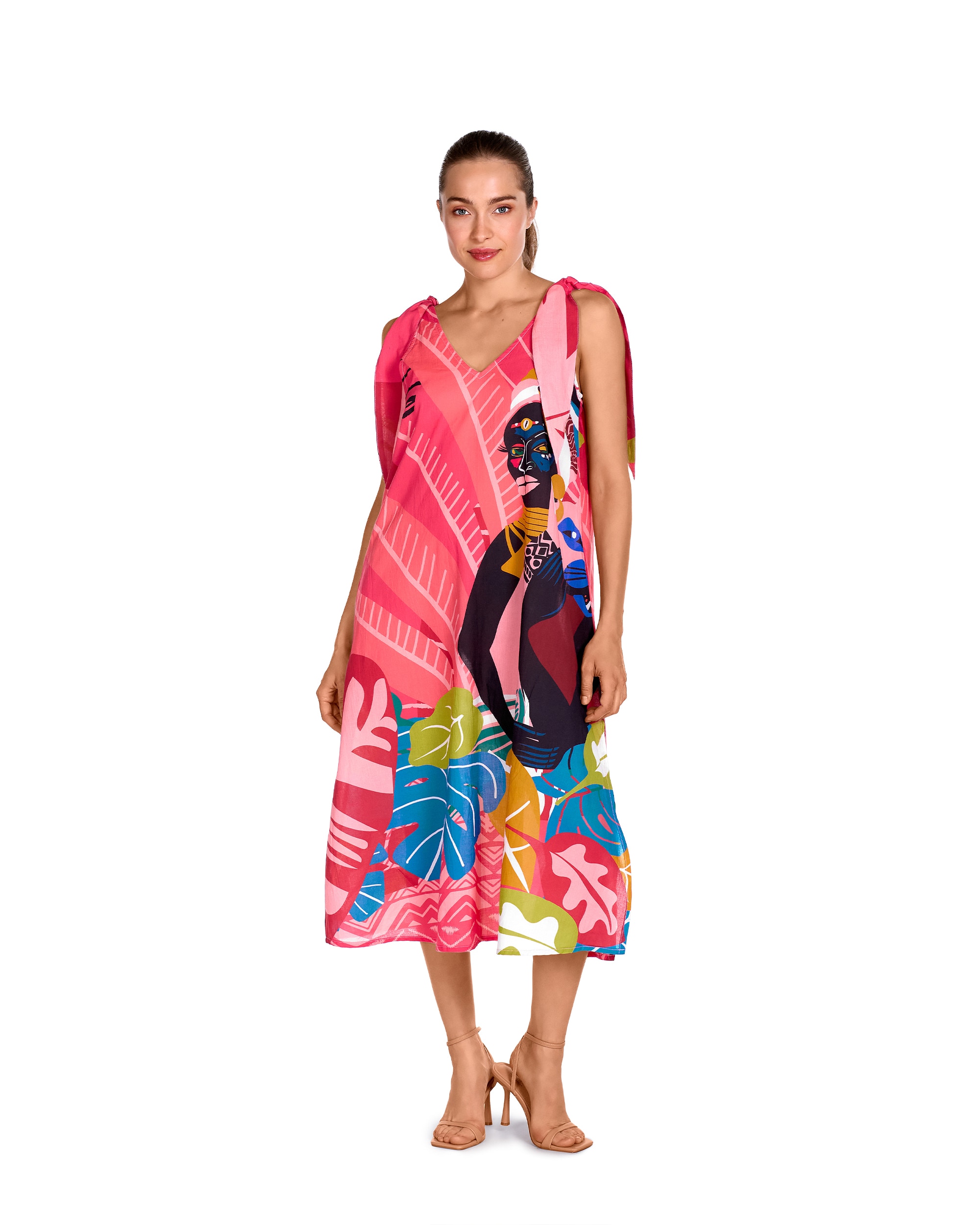Vestido de Praia da Coleção Passarela com Laços Ajustáveis nas Alças e Estampado Posicionado Congo Multicolor-1