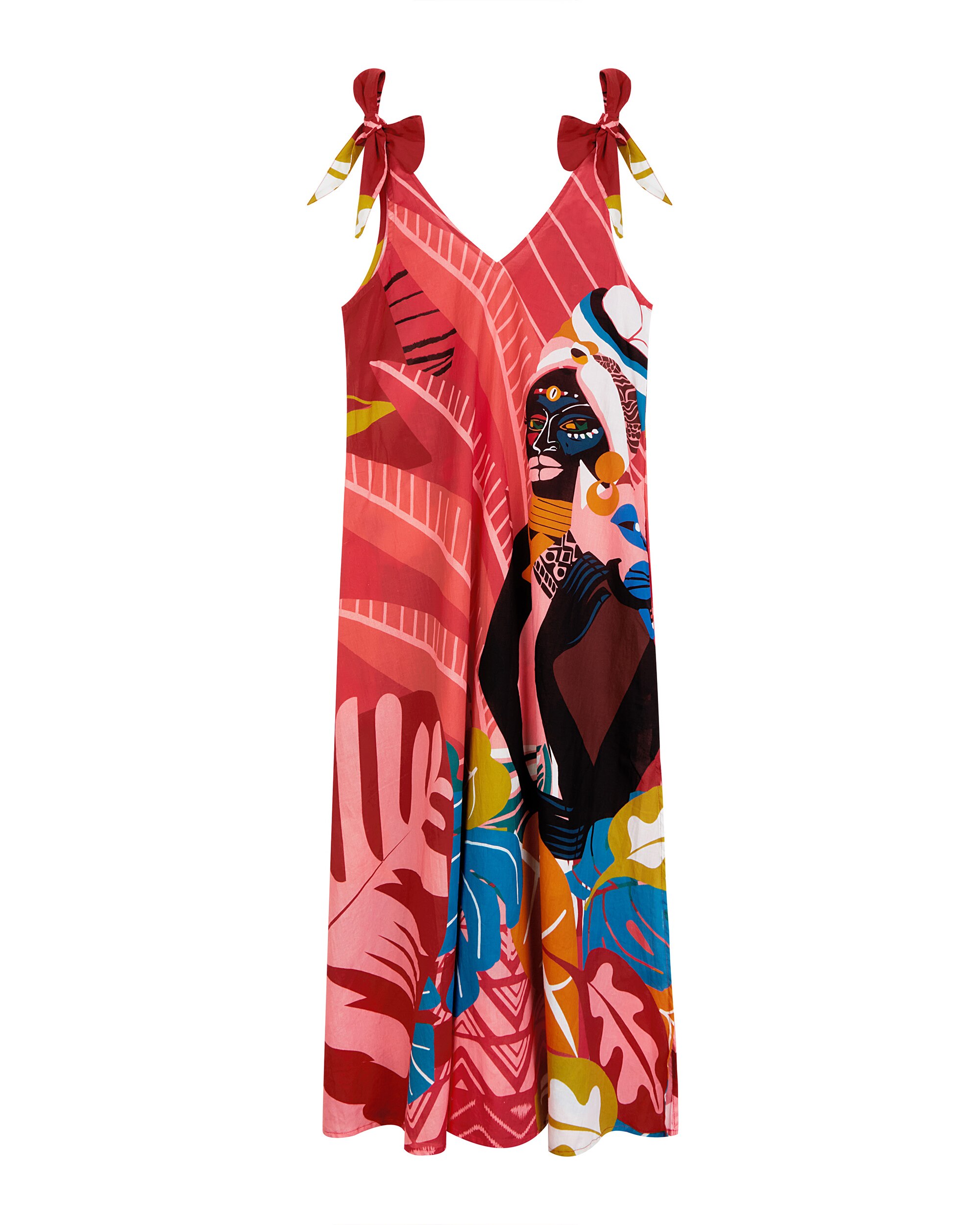 Vestido de Praia da Coleção Passarela com Laços Ajustáveis nas Alças e Estampado Posicionado Congo Multicolor-3